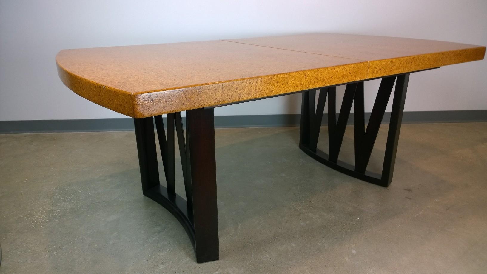 20th Century Paul Frankl Tan or Brown Cork Top and Carved Mahogany Wood Base Dining Table For Sale