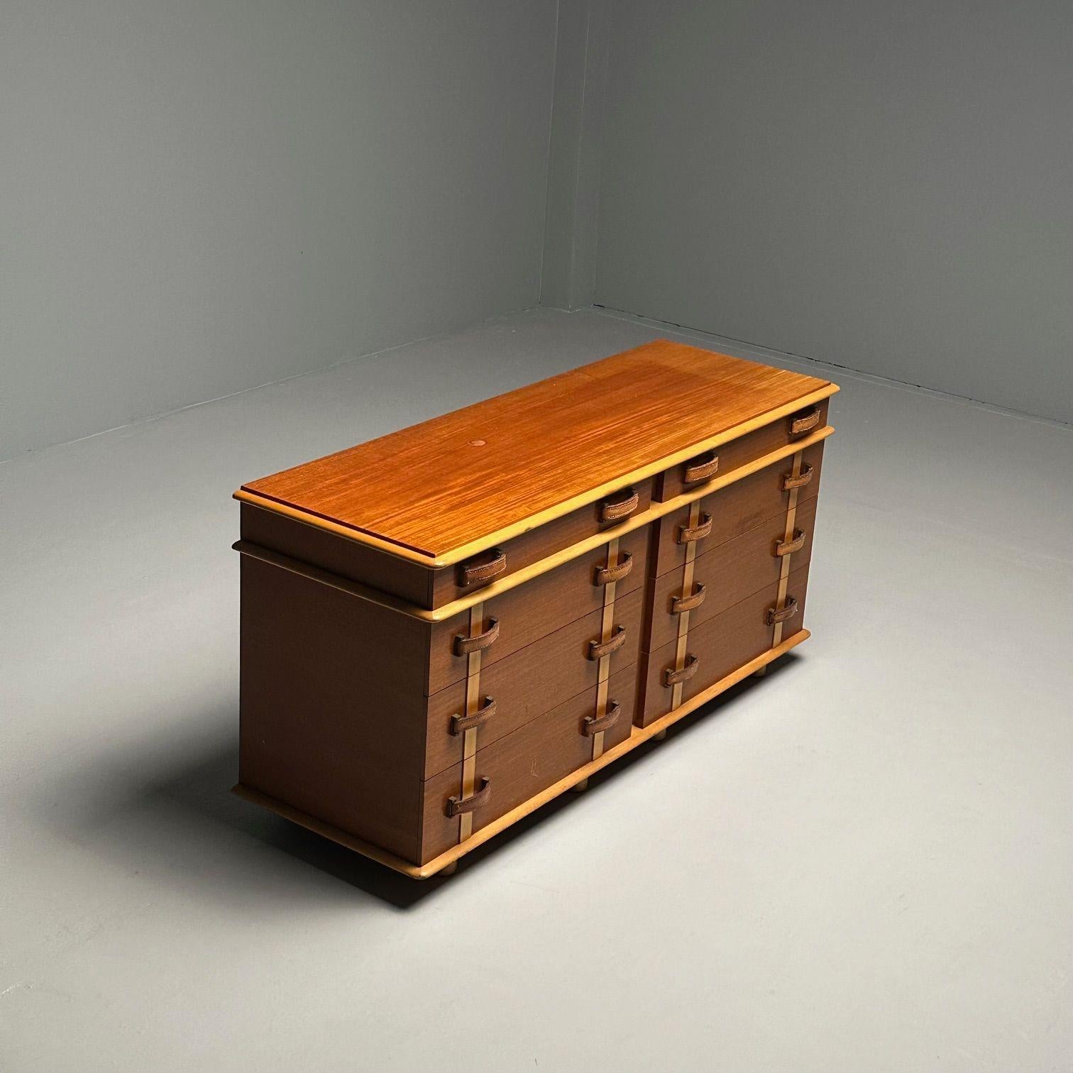 Paul Frankl, John Stuart, Rare Station Wagon Dresser, Mahogany, Brass, Leather In Good Condition In Manhasset, NY