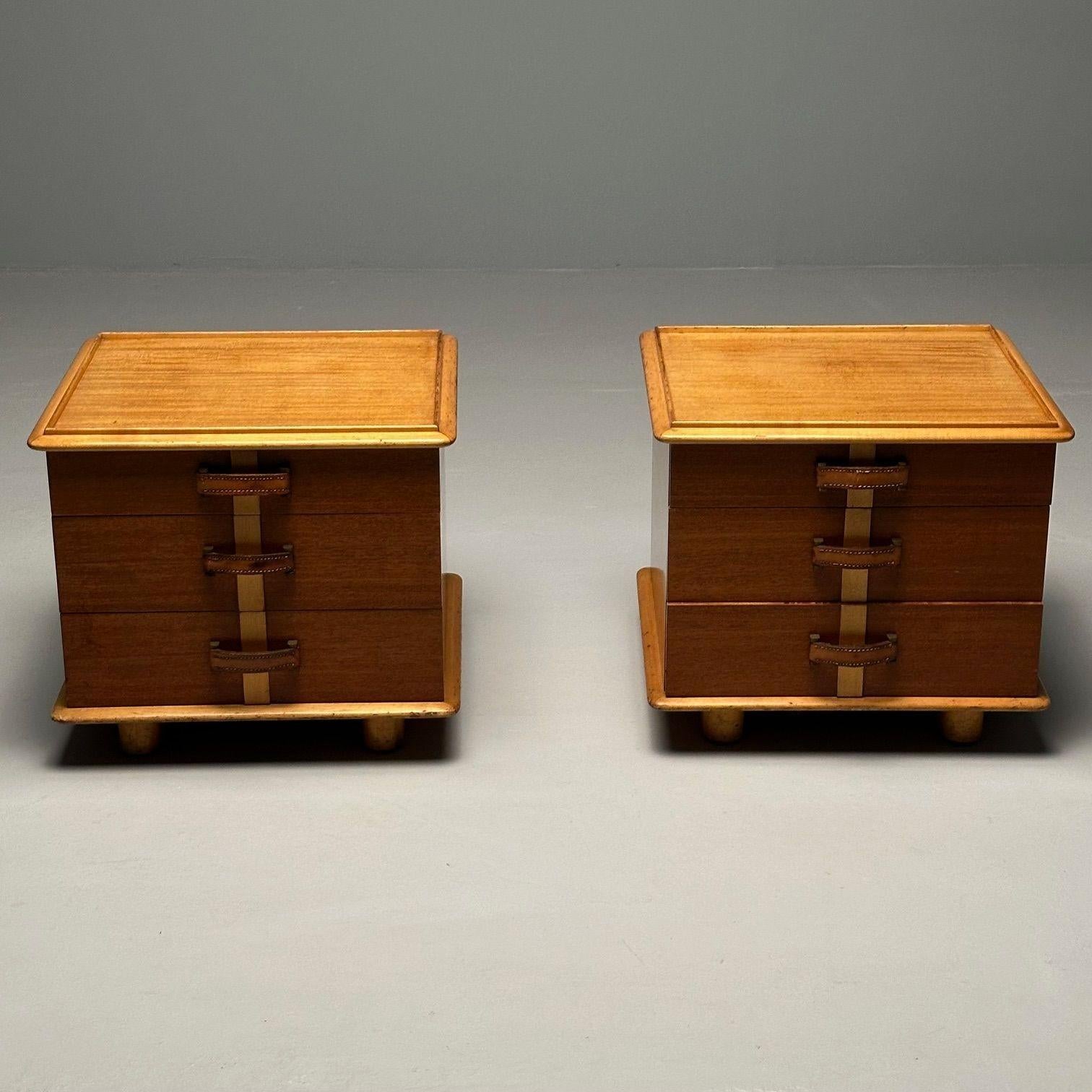 Mid-Century Modern Paul Frankl / John Stuart Nightstands, Side, End Tables, 1950

Paul Frankl for Johnson Furniture Co. and retailed by John Stuart. Branded Johnson Furniture Co. and labeled John Stuart to drawer interior. Stamped with