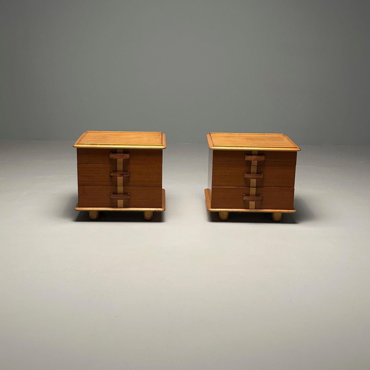 Mid-20th Century Paul Frankl, John Stuart, Station Wagon Nightstands, Rock Maple, Brass, Leather For Sale
