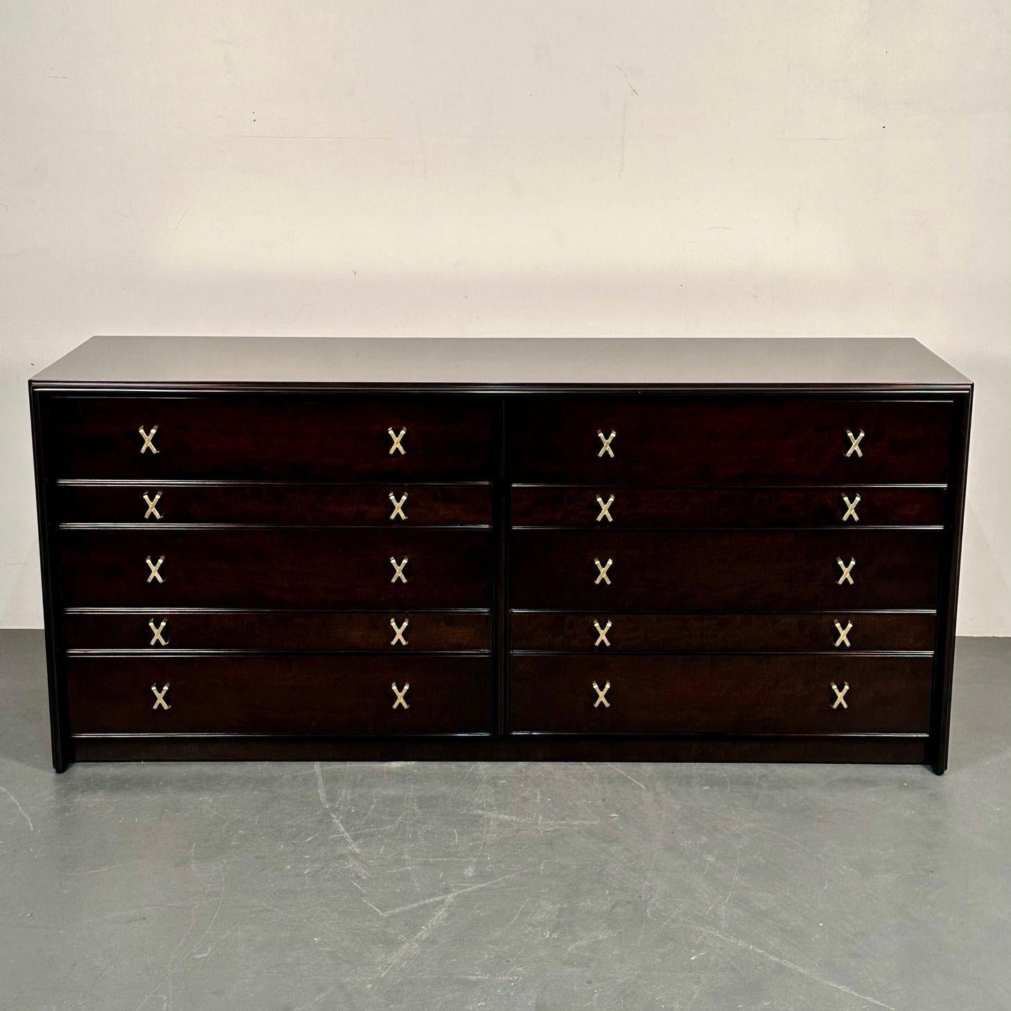 Mid-Century Modern Paul Frankl Mahogany Dresser, Stamped John Stuart, Brass

Mid century double dresser designed by Paul Frankl for John Stuart; recently fully refinished. The custom 'X' style brass drawer pulls have been refurbished allowing their