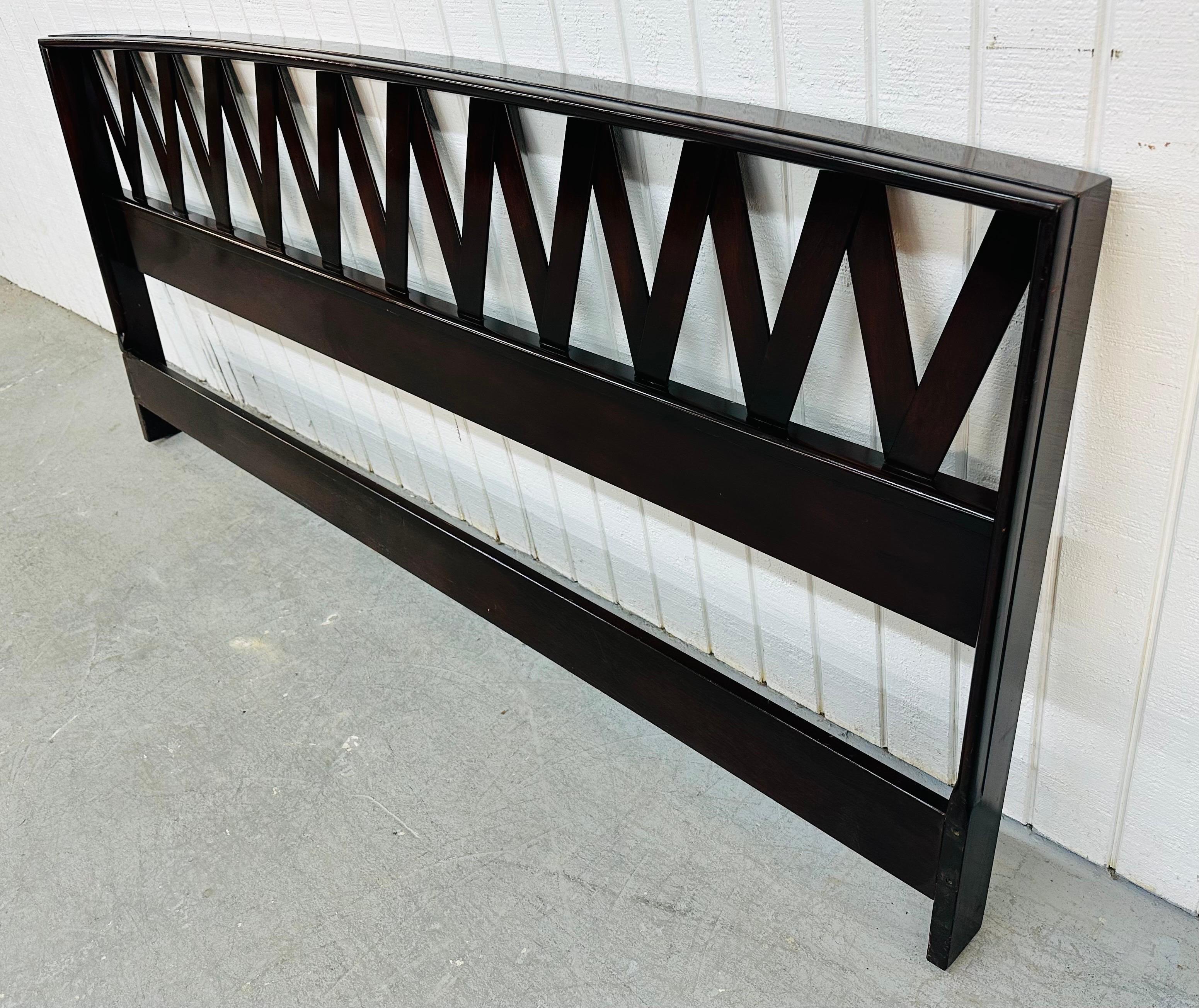 This listing is for a Mid-Century Modern Paul Frankl Mahogany King Headboard. Featuring a straight line design, zigzag head rest, and a beautiful mahogany finish. This is an exceptional combination of quality and design by Paul Frankl!