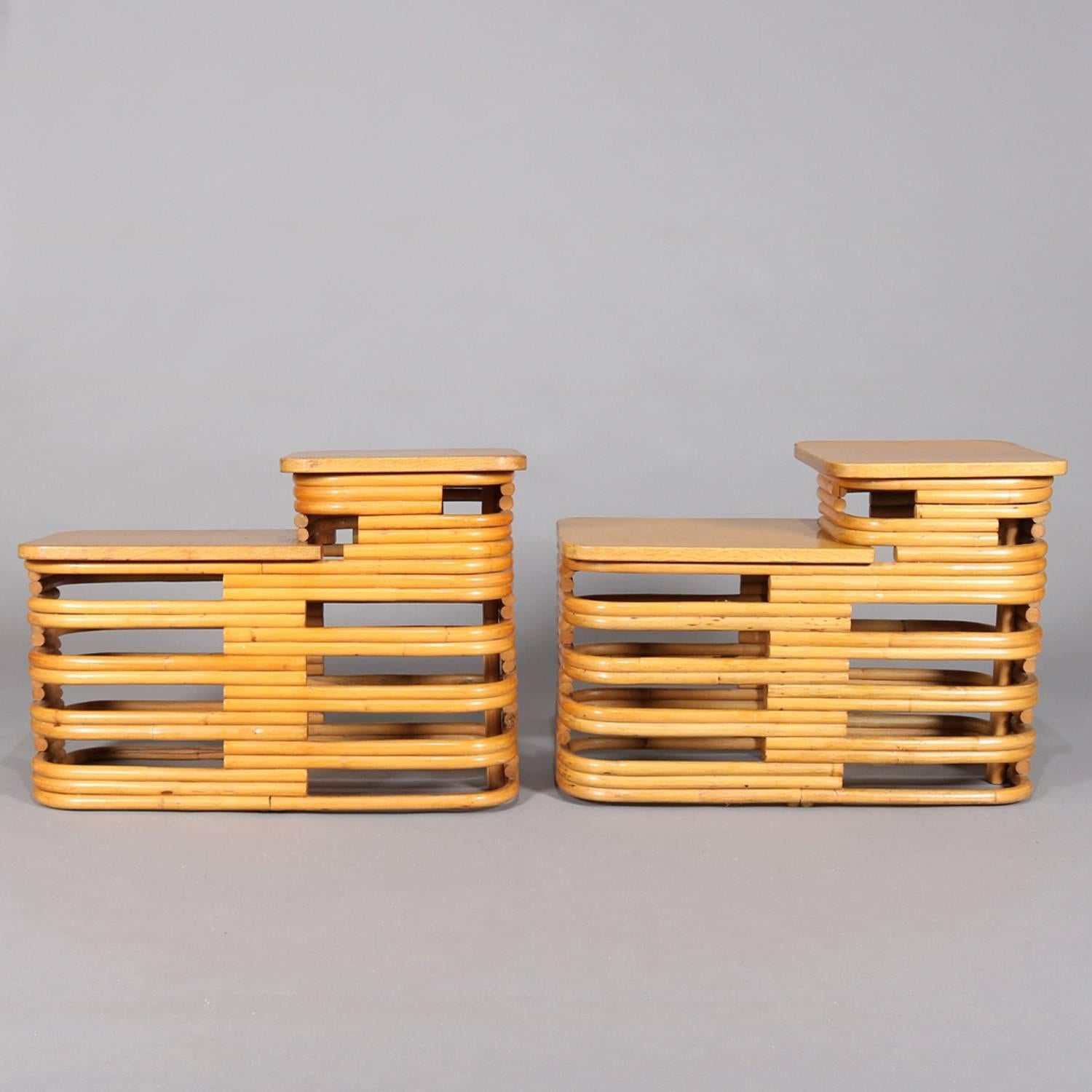 American Mid-Century Modern Paul Frankl School Three-Piece Teak and Rattan Table Set