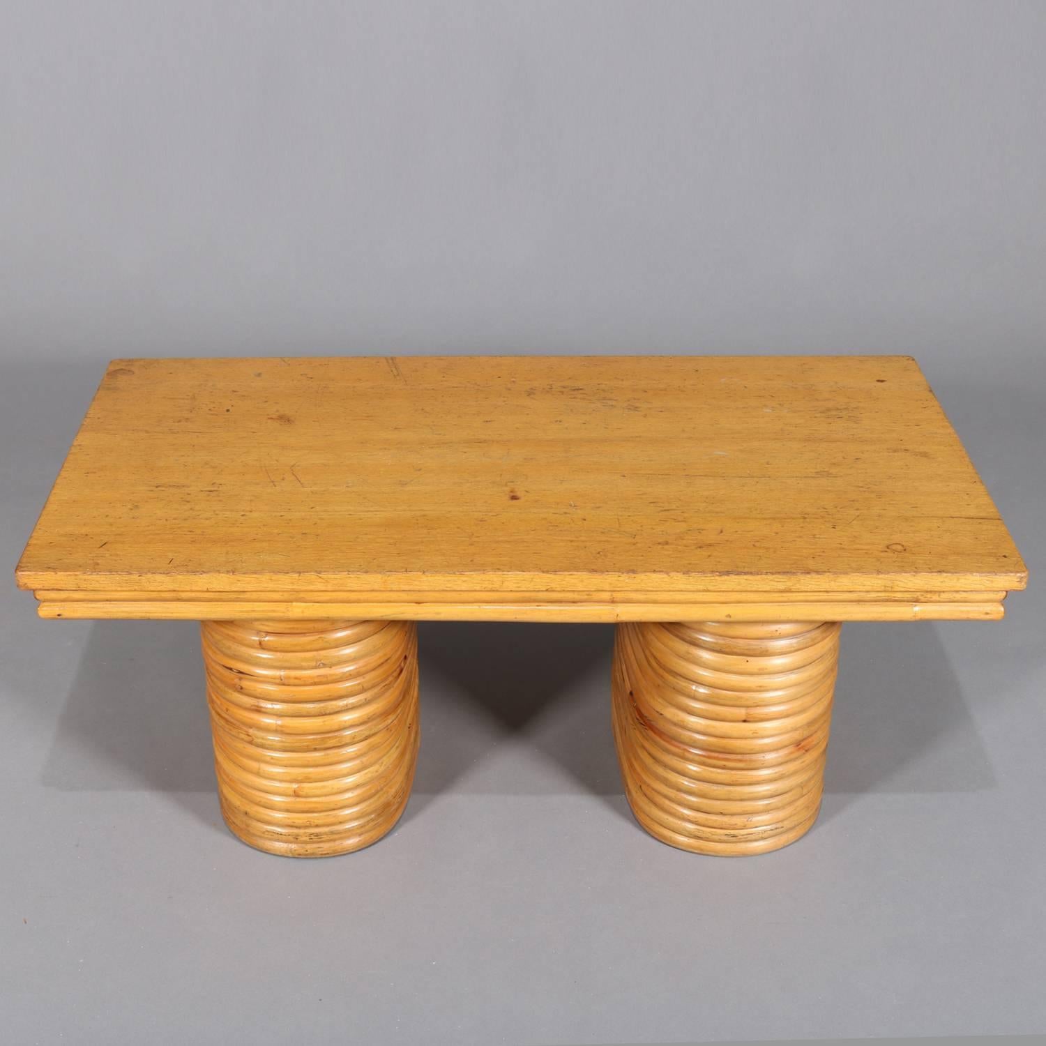 Mid-Century Modern Paul Frankl School Three-Piece Teak and Rattan Table Set 1