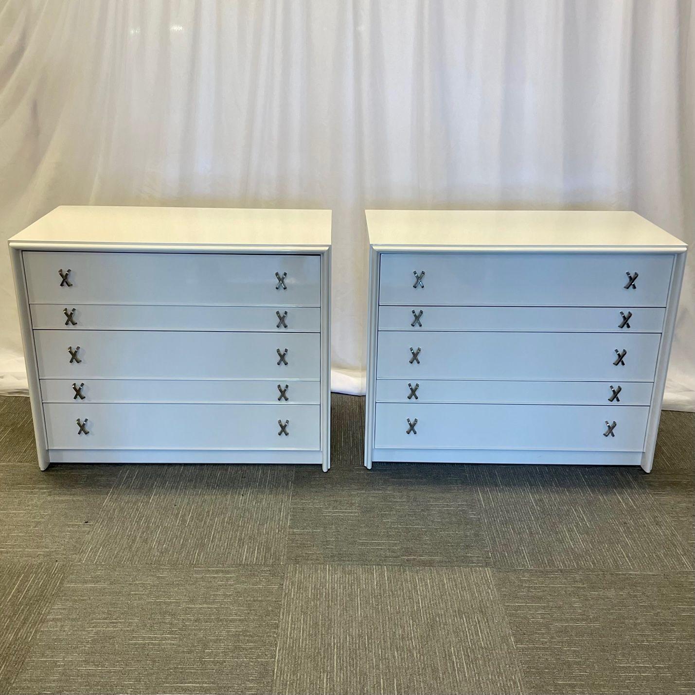 Pair Mid-Century Modern Dresser / Nightstands, Lacquer, Paul Frankl, John Stuart
Gorgeous pair of 20th Century bachelor chests newly refinished in a luxurious high gloss white lacquer. Each chest is very functional - having a total of 5 recessed