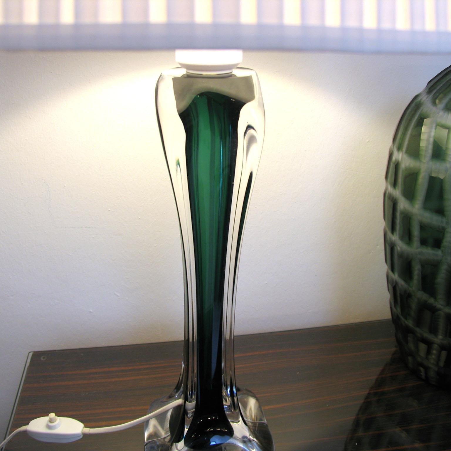 Blown Glass Mid-Century Modern Paul Kedelv Flygsfors Green Glass Table Lamps, Sweden, 1950s