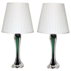 Mid-Century Modern Paul Kedelv Flygsfors Green Glass Table Lamps, Sweden, 1950s