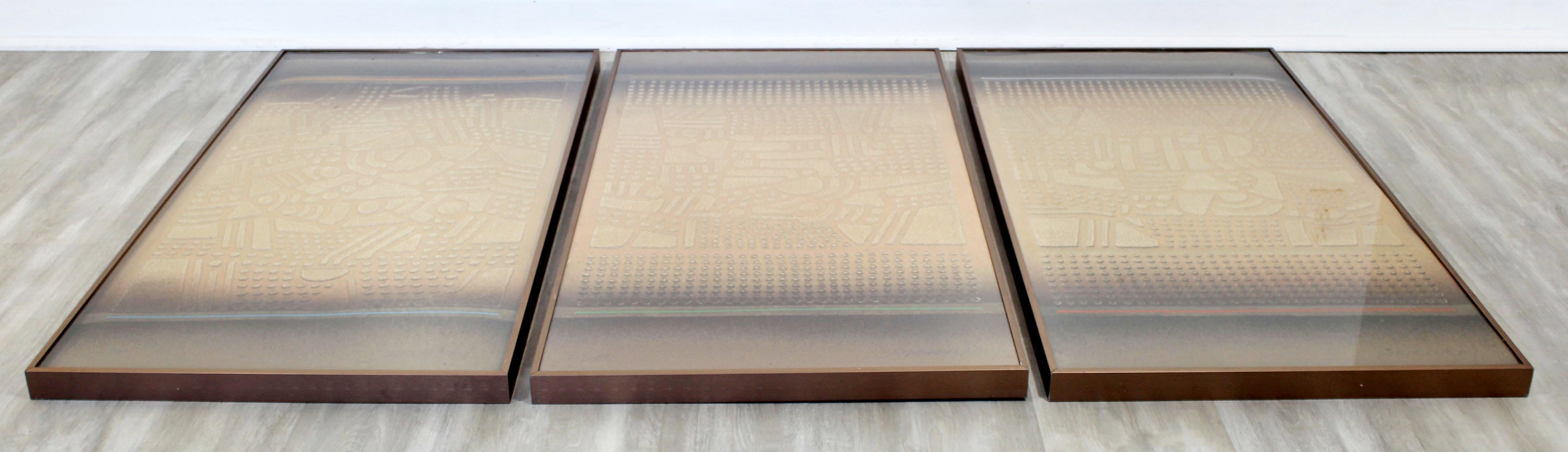 American Mid-Century Modern Paul Maxwell Signed Framed Stencil Cast Paper Triptych, 1970s