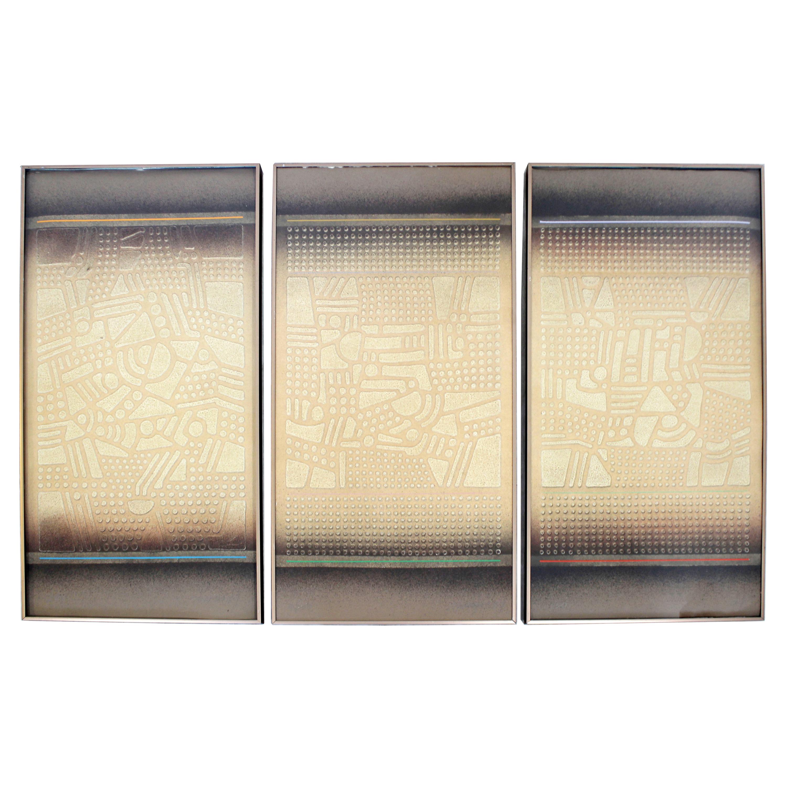 Mid-Century Modern Paul Maxwell Signed Framed Stencil Cast Paper Triptych, 1970s