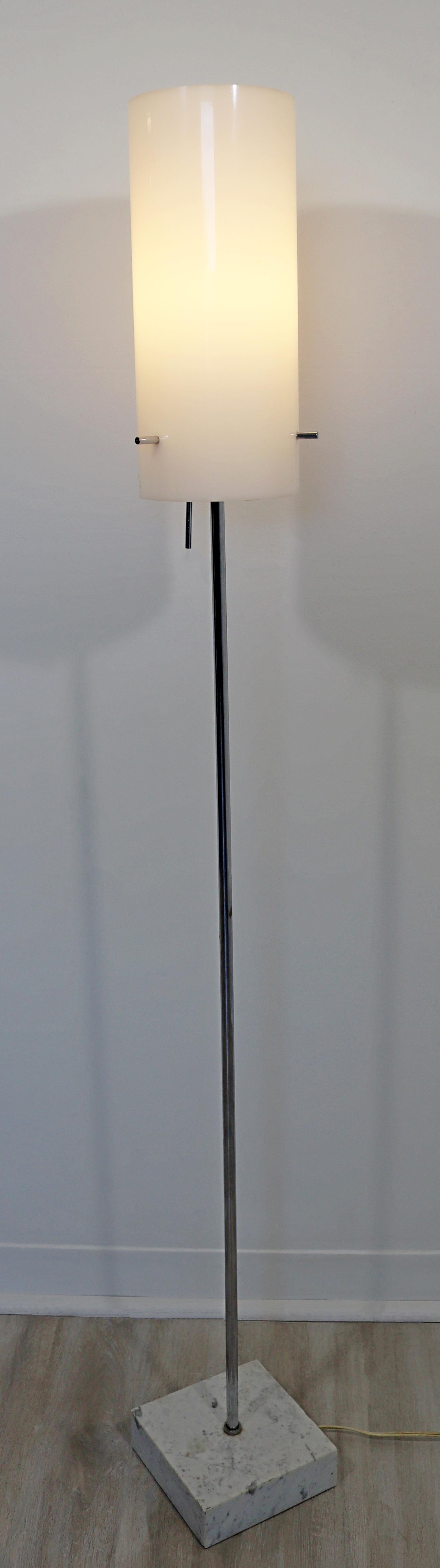 For your consideration is a fabulous, chrome and frosted acrylic, tube floor lamp, on a white marble base, by Paul Mayen, circa the 1960s. In excellent vintage condition. The dimensions are 6.5