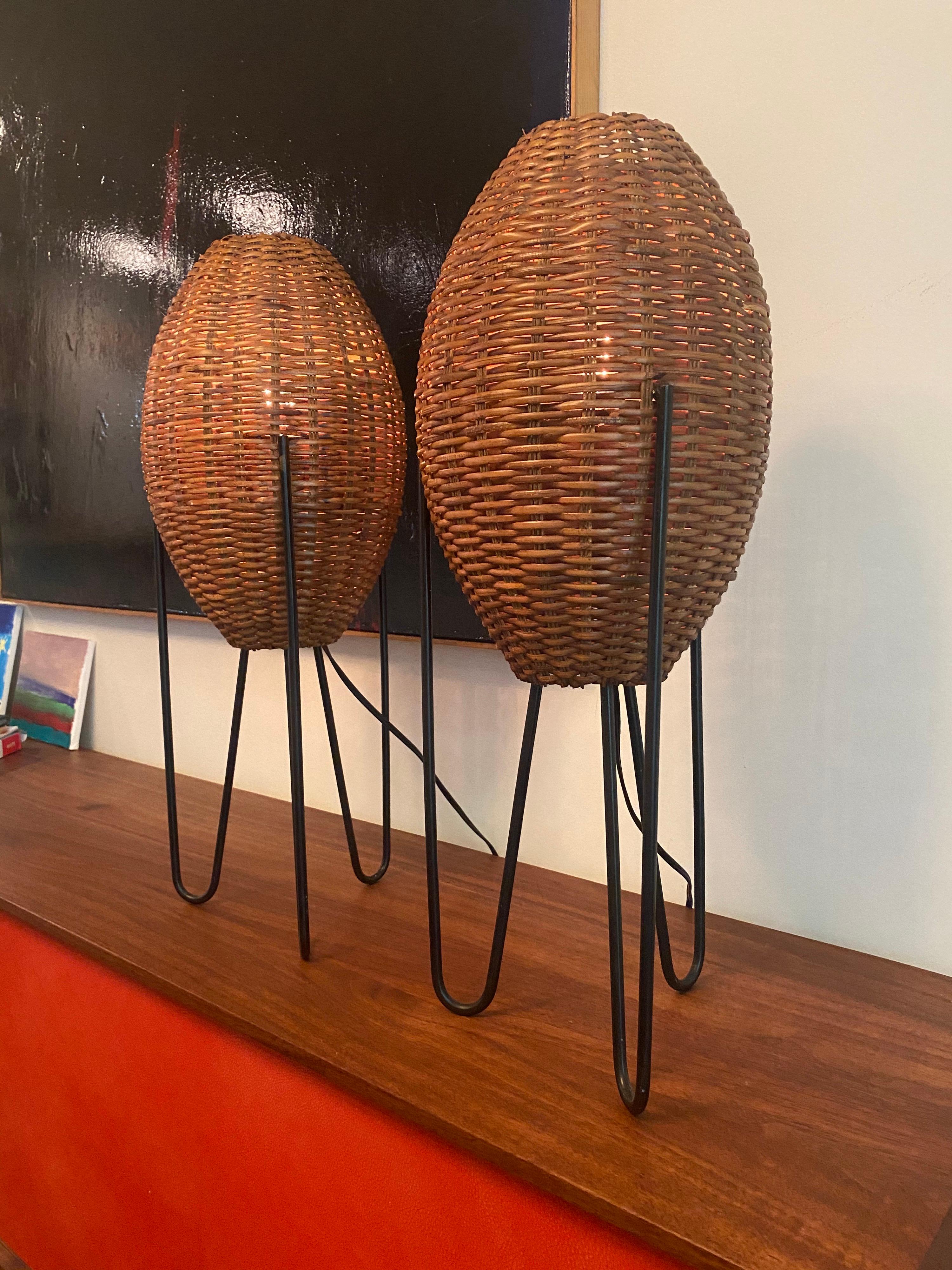 Mid-Century Modern Paul Mayen Rattan and Iron Lamps at 1stDibs