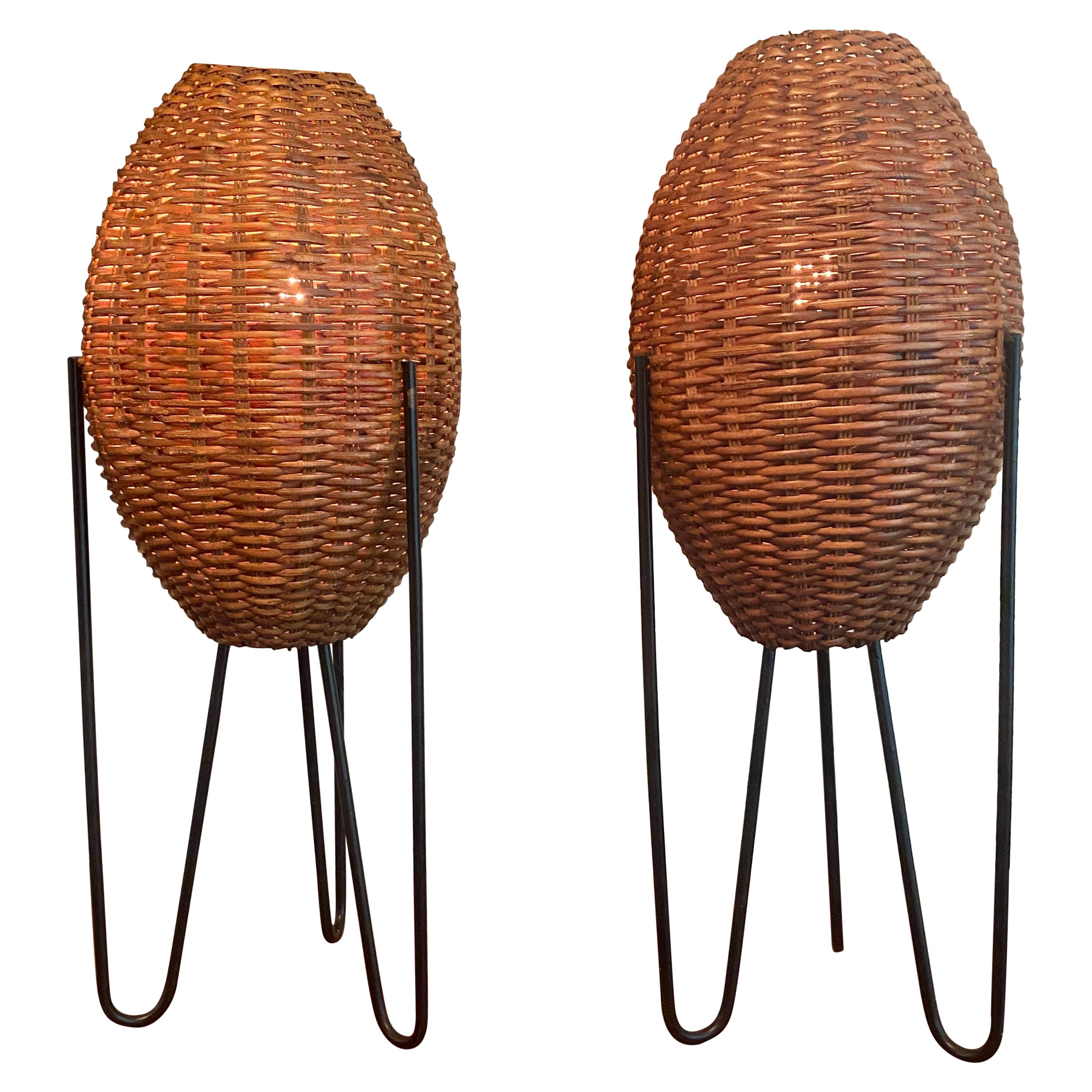 Mid-Century Modern Paul Mayen Rattan and Iron Lamps at 1stDibs