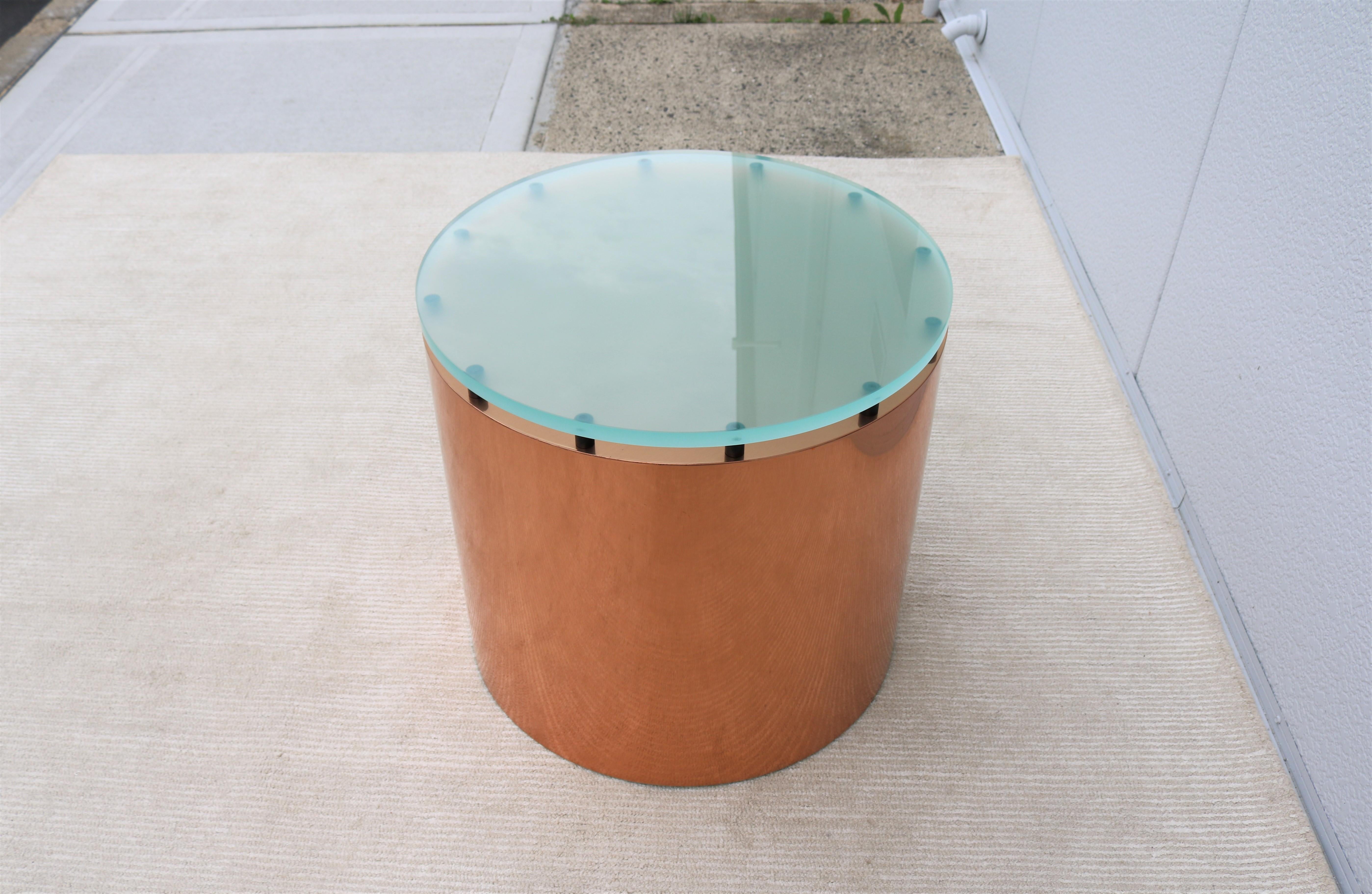 Mid-Century Modern Paul Mayen Style Frosted Glass Top and Copper Drum Side Table For Sale 3