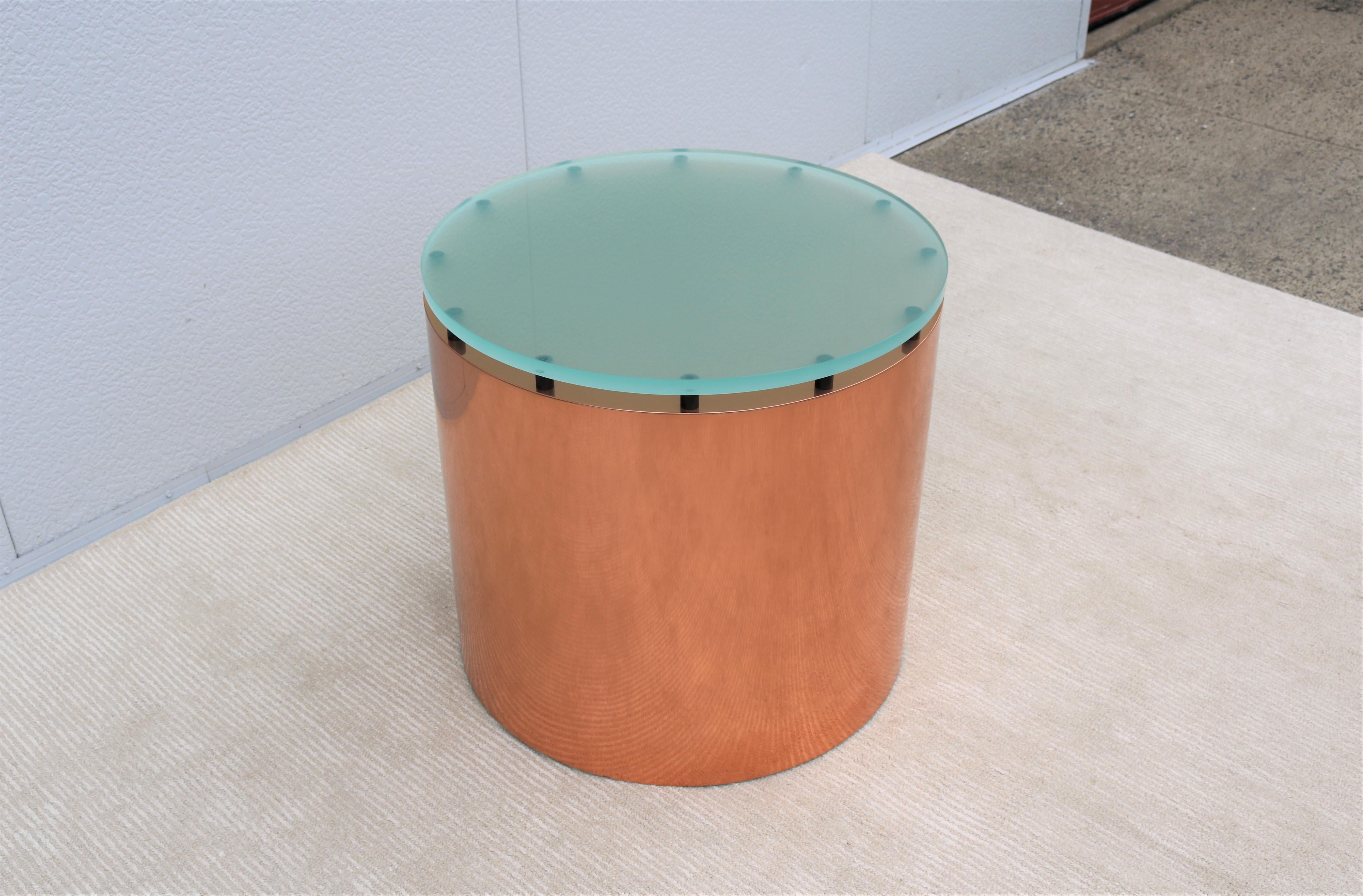 Mid-Century Modern Paul Mayen Style Frosted Glass Top and Copper Drum Side Table For Sale 4