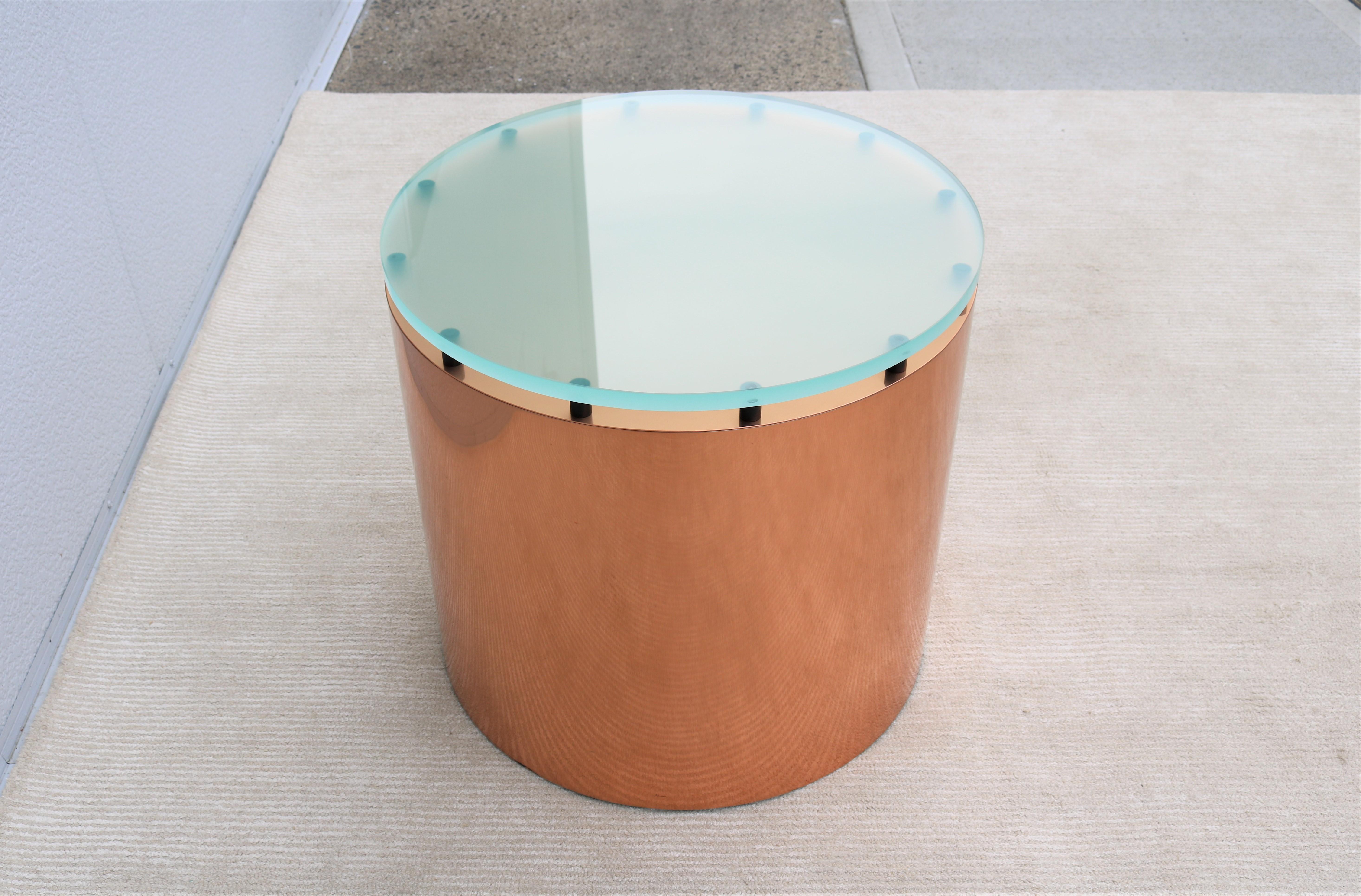 Mid-Century Modern Paul Mayen Style Frosted Glass Top and Copper Drum Side Table For Sale 5