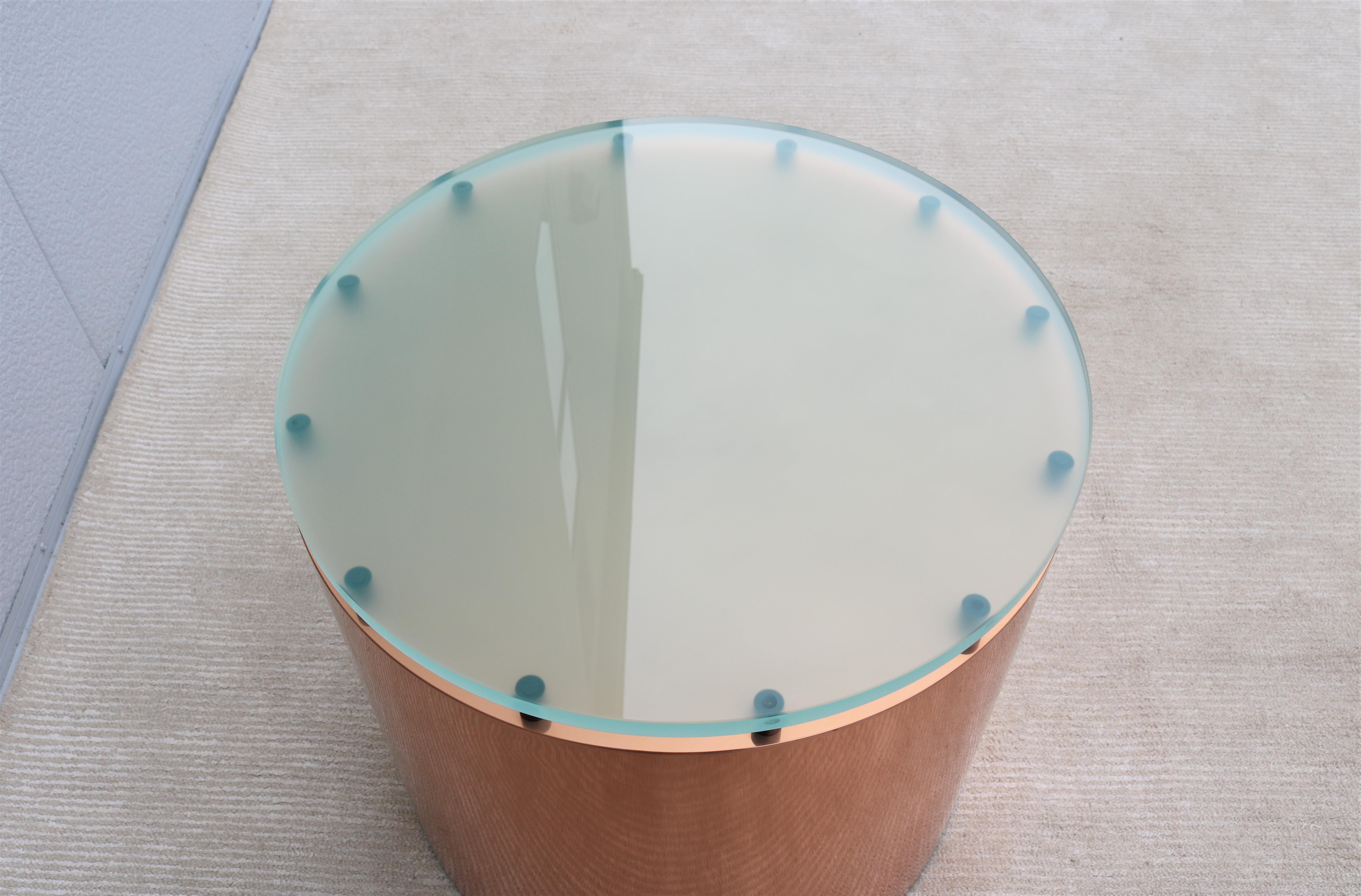 Mid-Century Modern Paul Mayen Style Frosted Glass Top and Copper Drum Side Table For Sale 6