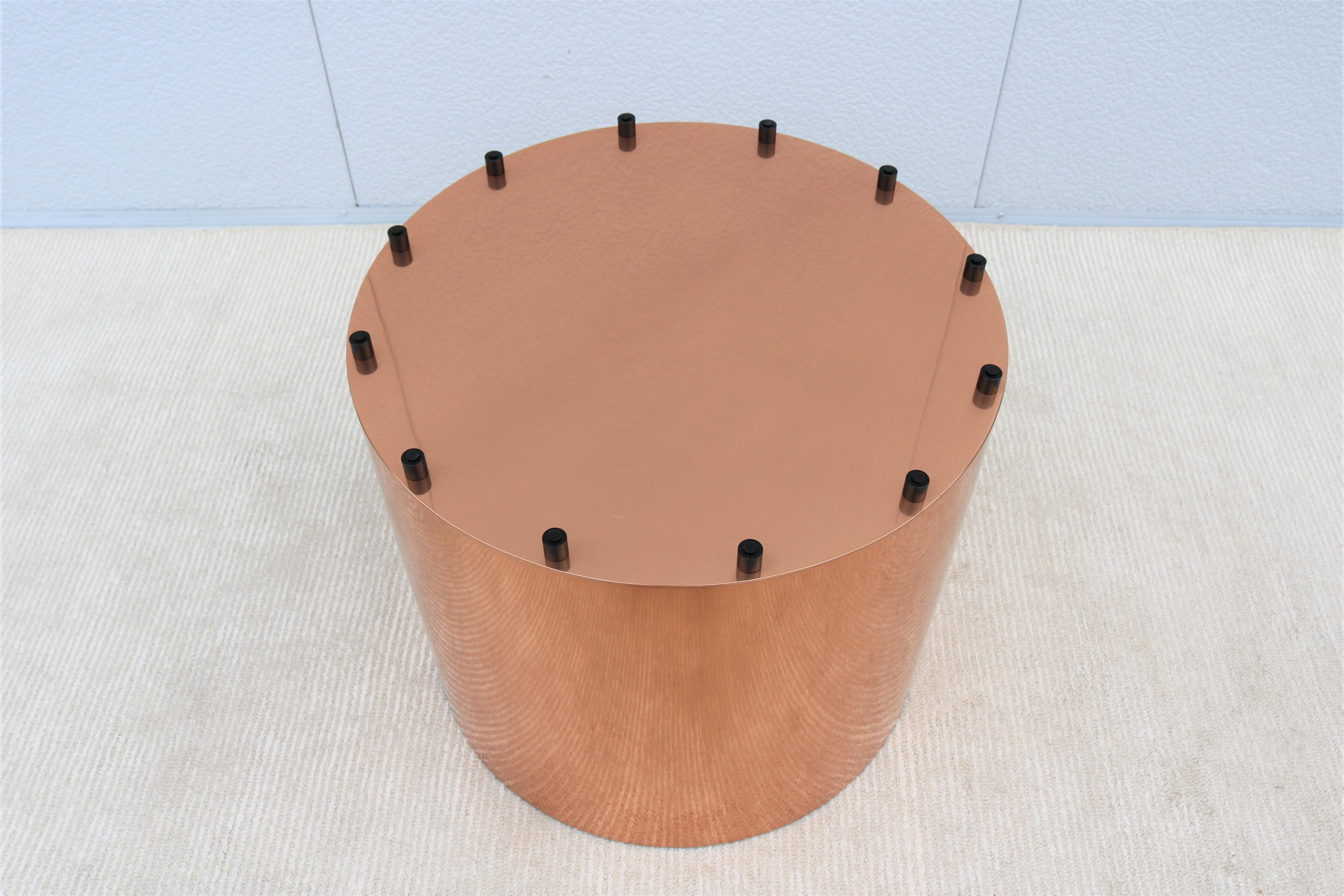 Mid-Century Modern Paul Mayen Style Frosted Glass Top and Copper Drum Side Table For Sale 8