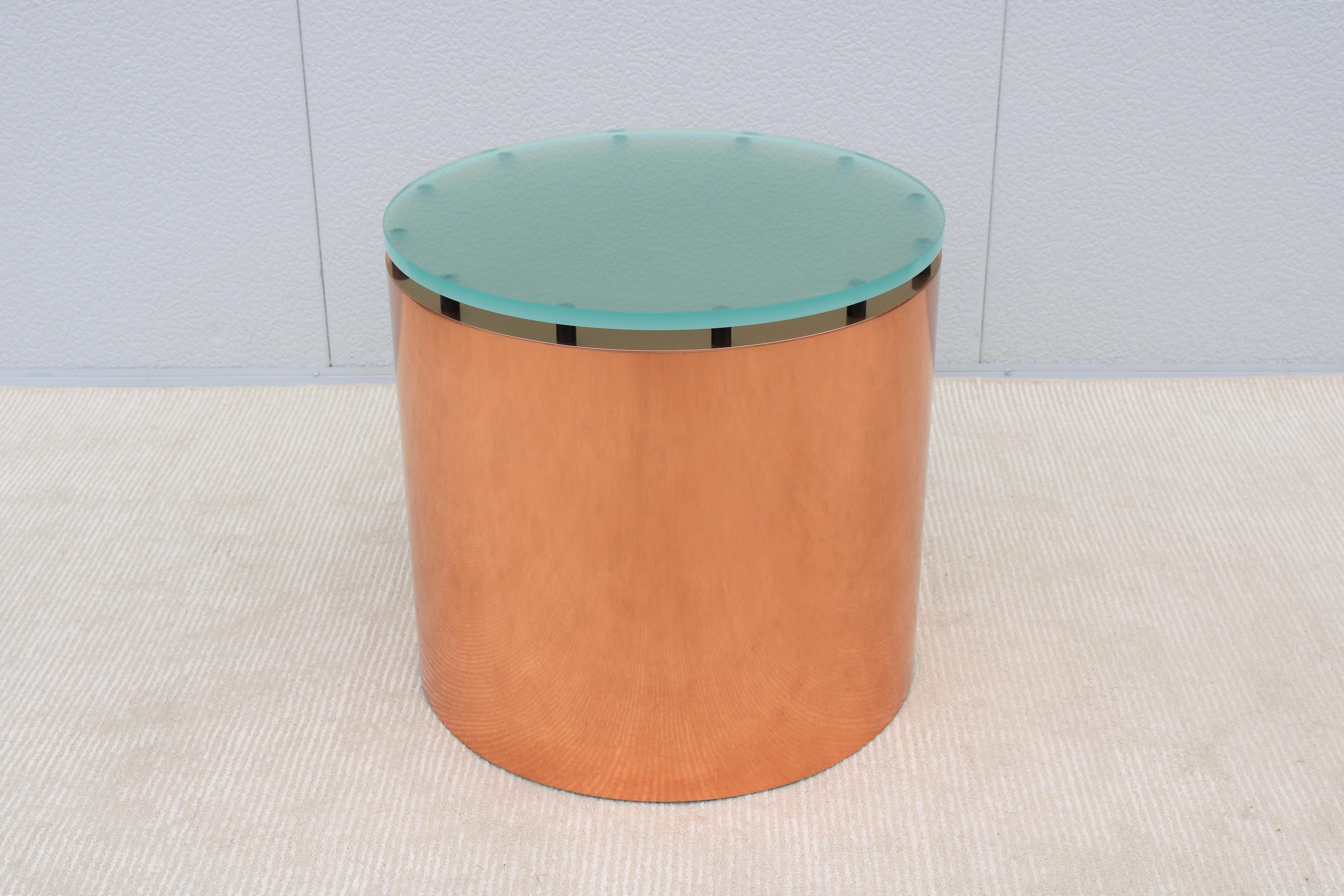 Stunning Paul Mayen style clear frosted glass top and copper plated cylinder drum side table.
Classic American mid-century modern designed in 1970 and remains a current timeless and elegant design today.
The glass floats on top of the base with