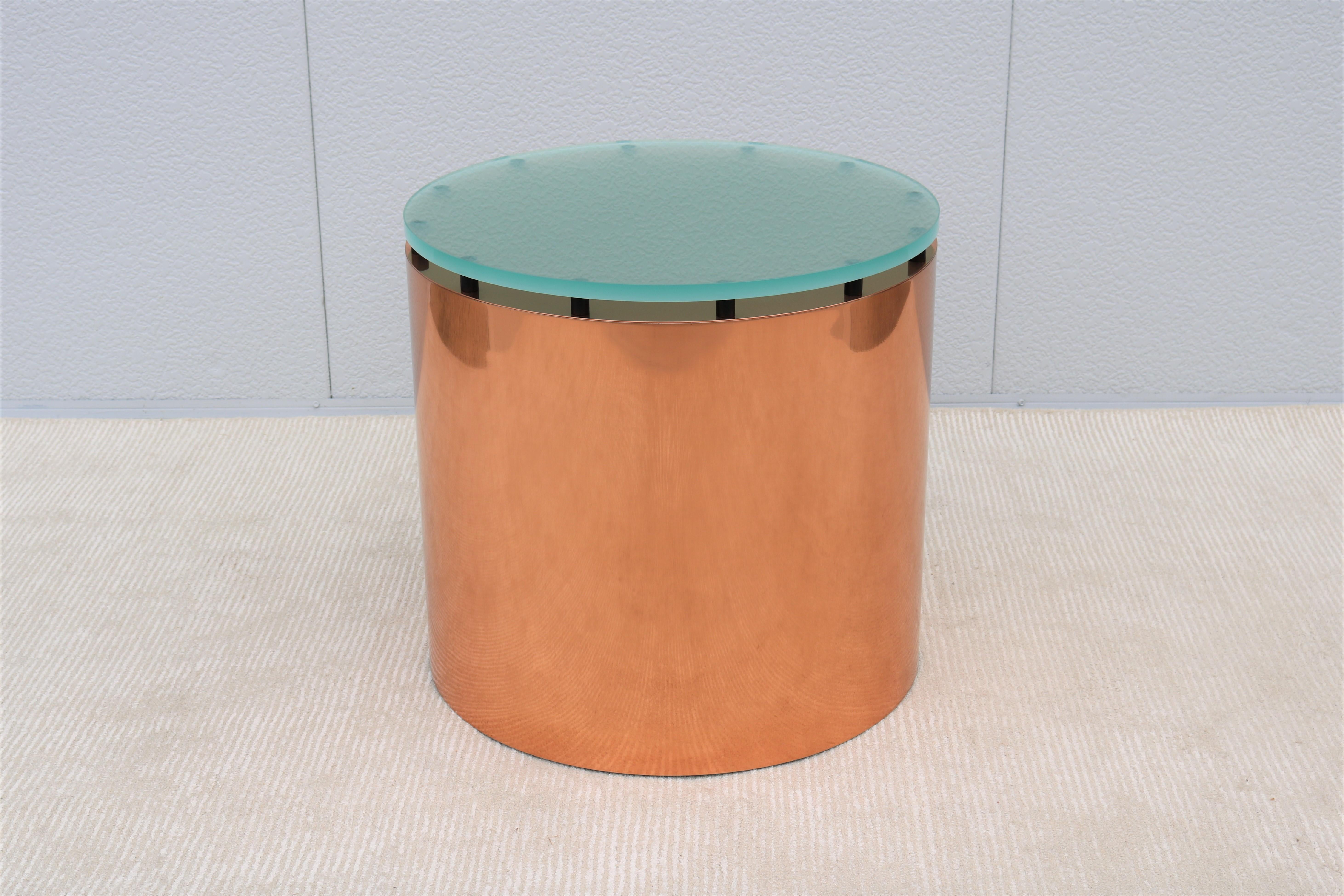 Canadian Mid-Century Modern Paul Mayen Style Frosted Glass Top and Copper Drum Side Table For Sale