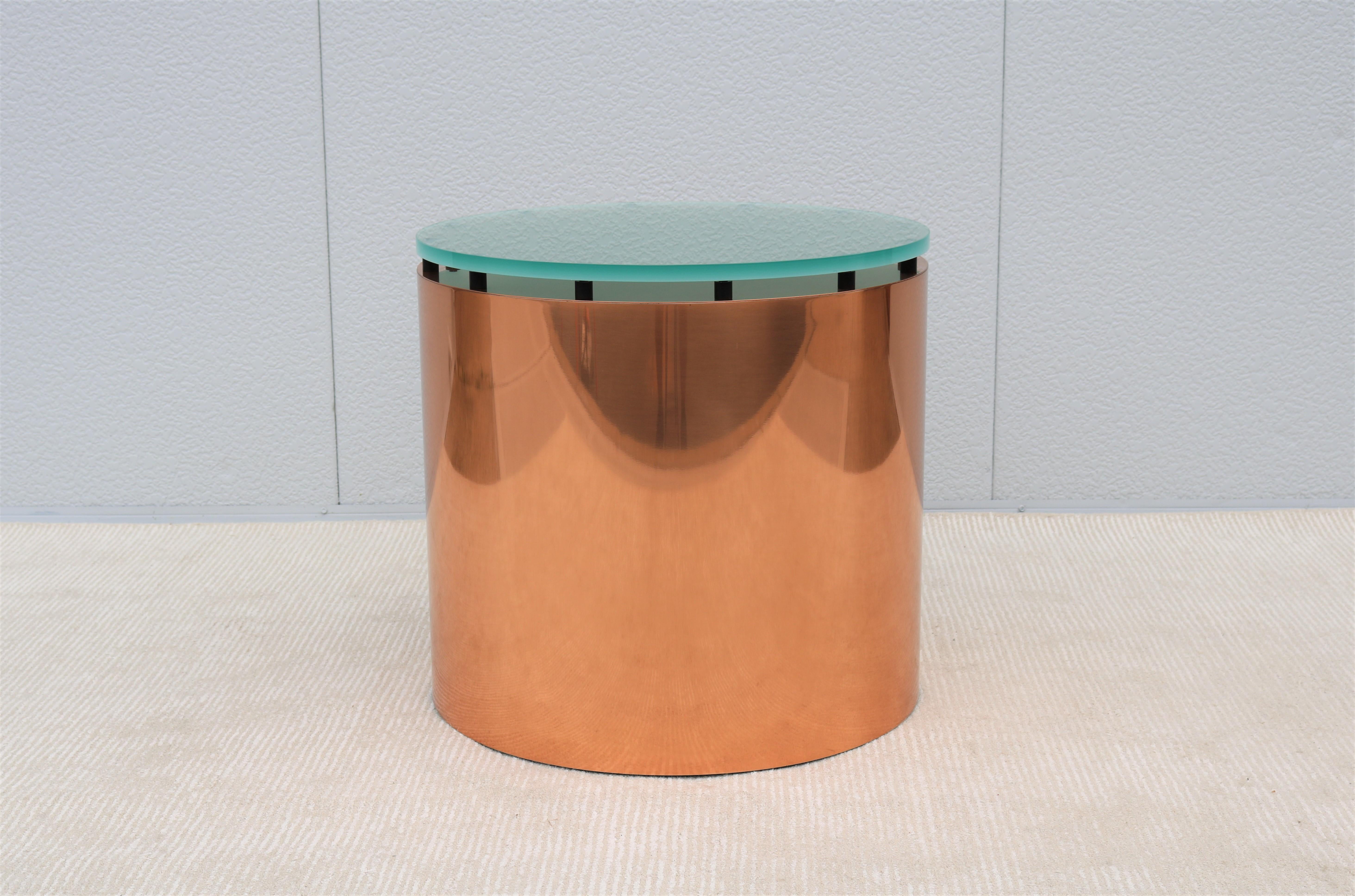 Beveled Mid-Century Modern Paul Mayen Style Frosted Glass Top and Copper Drum Side Table For Sale