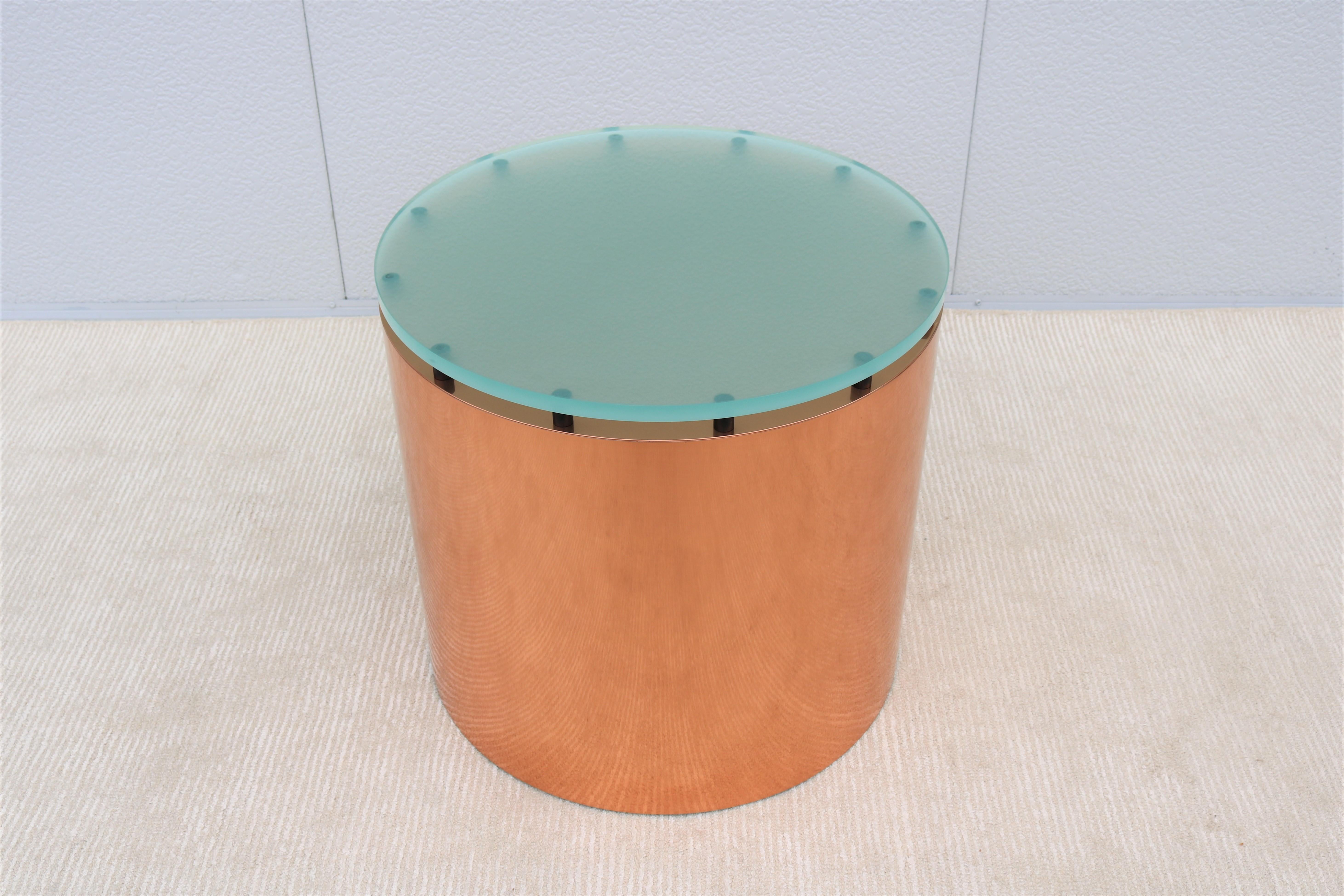Mid-Century Modern Paul Mayen Style Frosted Glass Top and Copper Drum Side Table In Good Condition For Sale In Secaucus, NJ