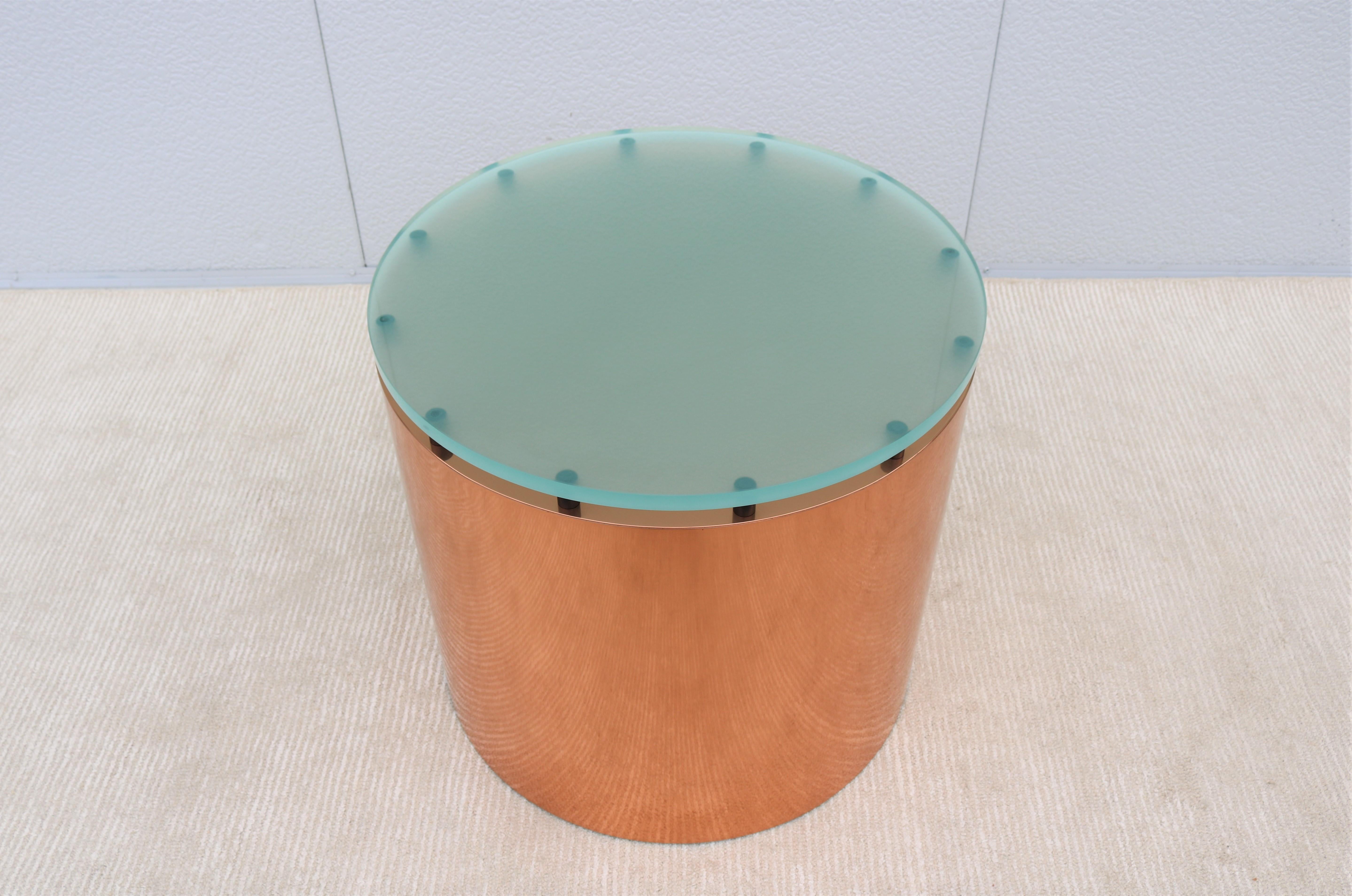 20th Century Mid-Century Modern Paul Mayen Style Frosted Glass Top and Copper Drum Side Table For Sale