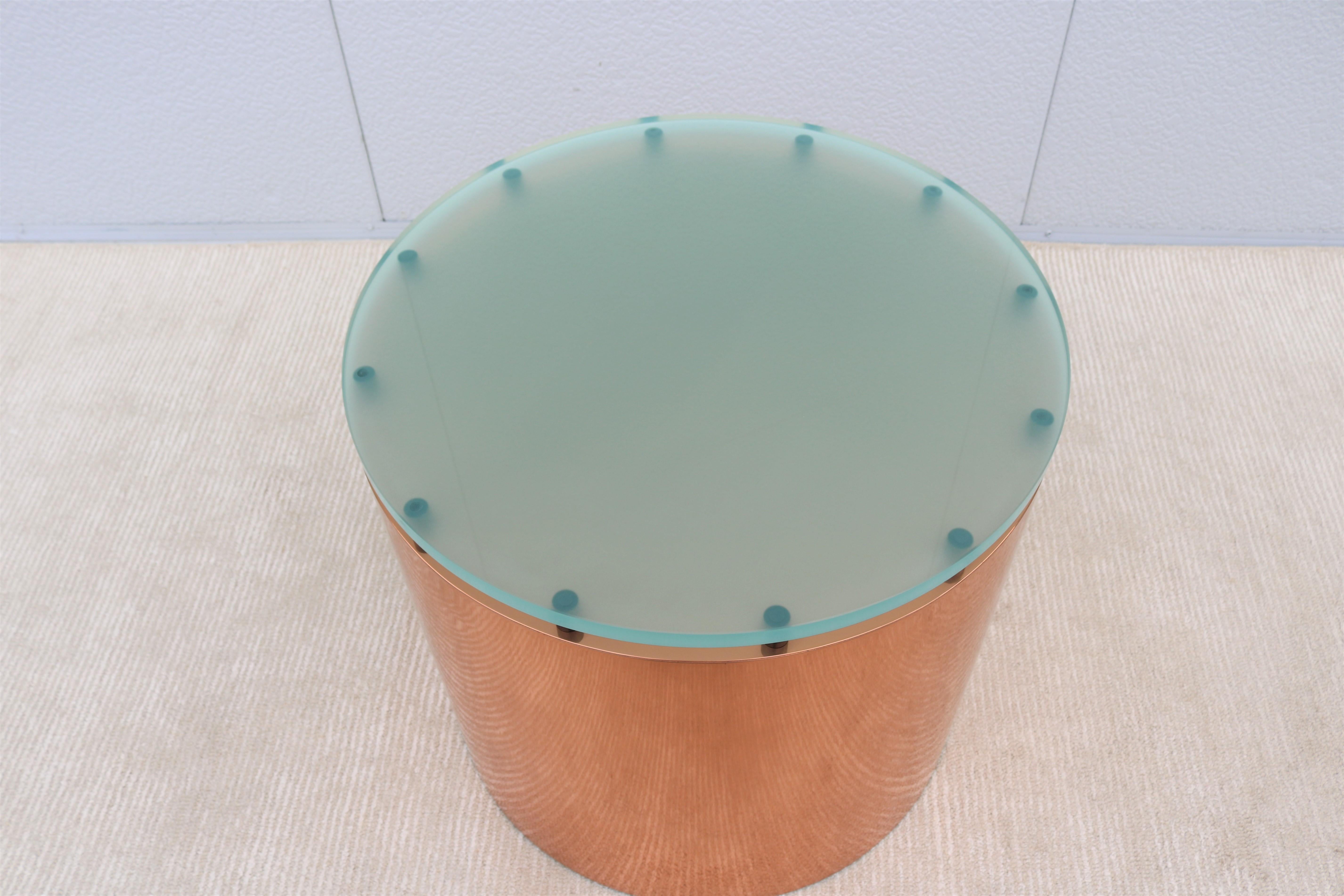 Metal Mid-Century Modern Paul Mayen Style Frosted Glass Top and Copper Drum Side Table For Sale