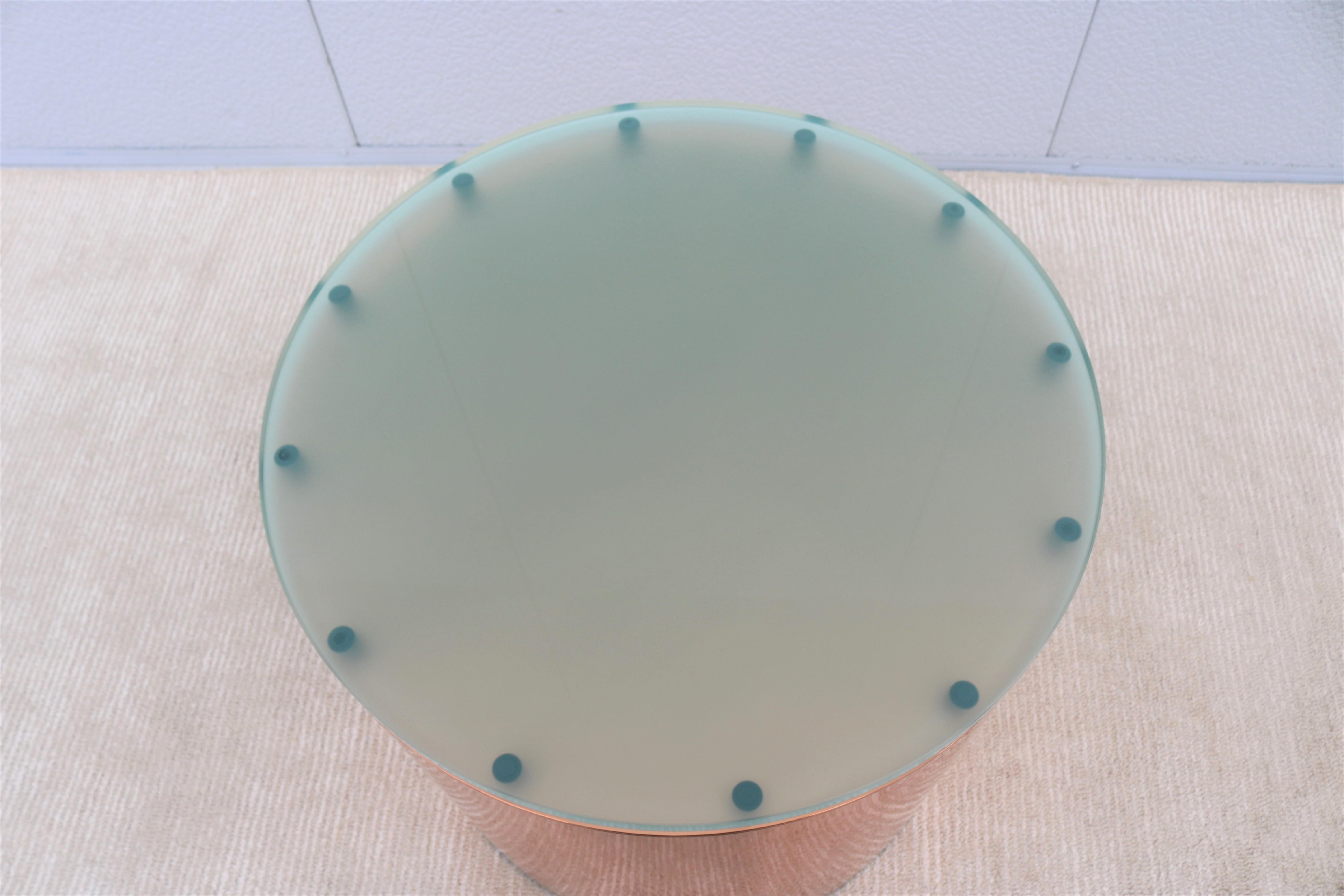 Mid-Century Modern Paul Mayen Style Frosted Glass Top and Copper Drum Side Table For Sale 1