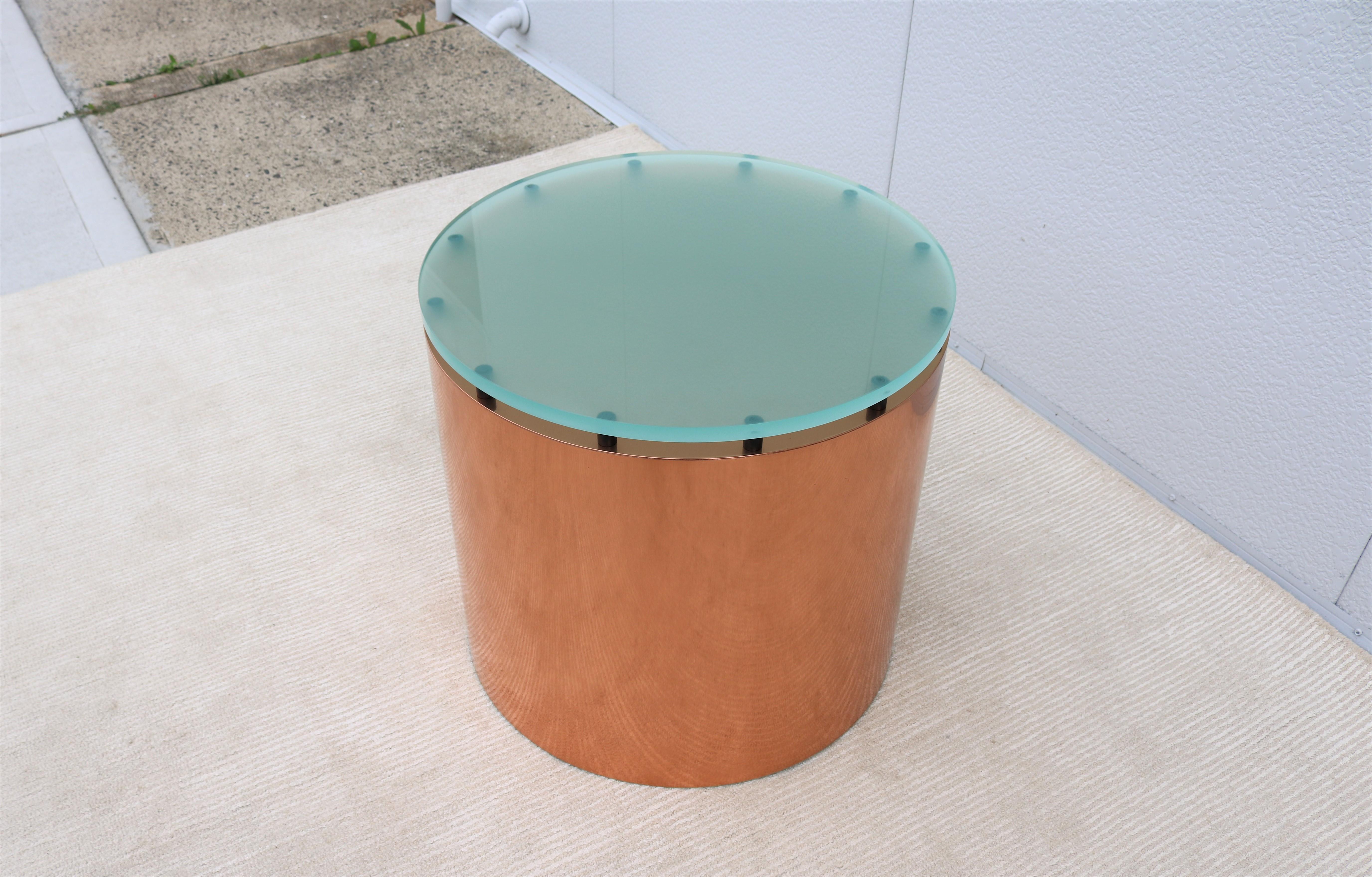 Mid-Century Modern Paul Mayen Style Frosted Glass Top and Copper Drum Side Table For Sale 2