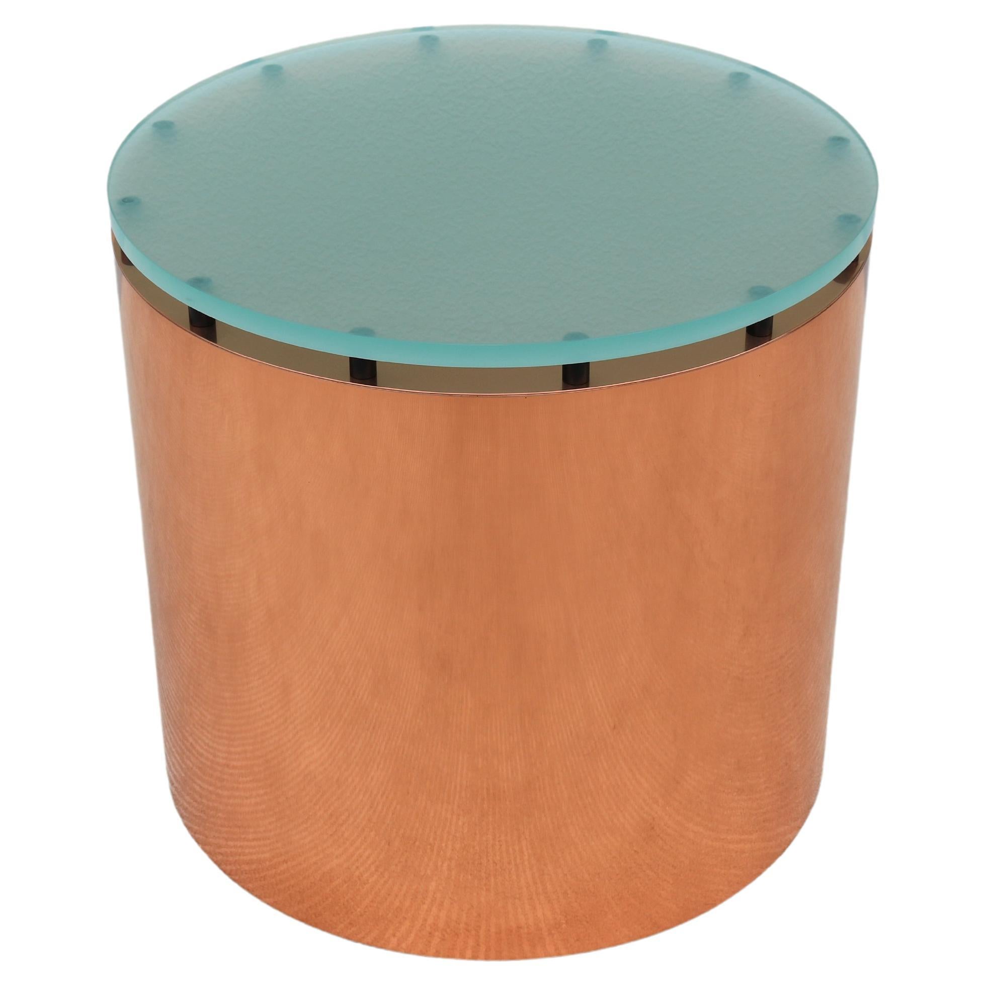 Mid-Century Modern Paul Mayen Style Frosted Glass Top and Copper Drum Side Table
