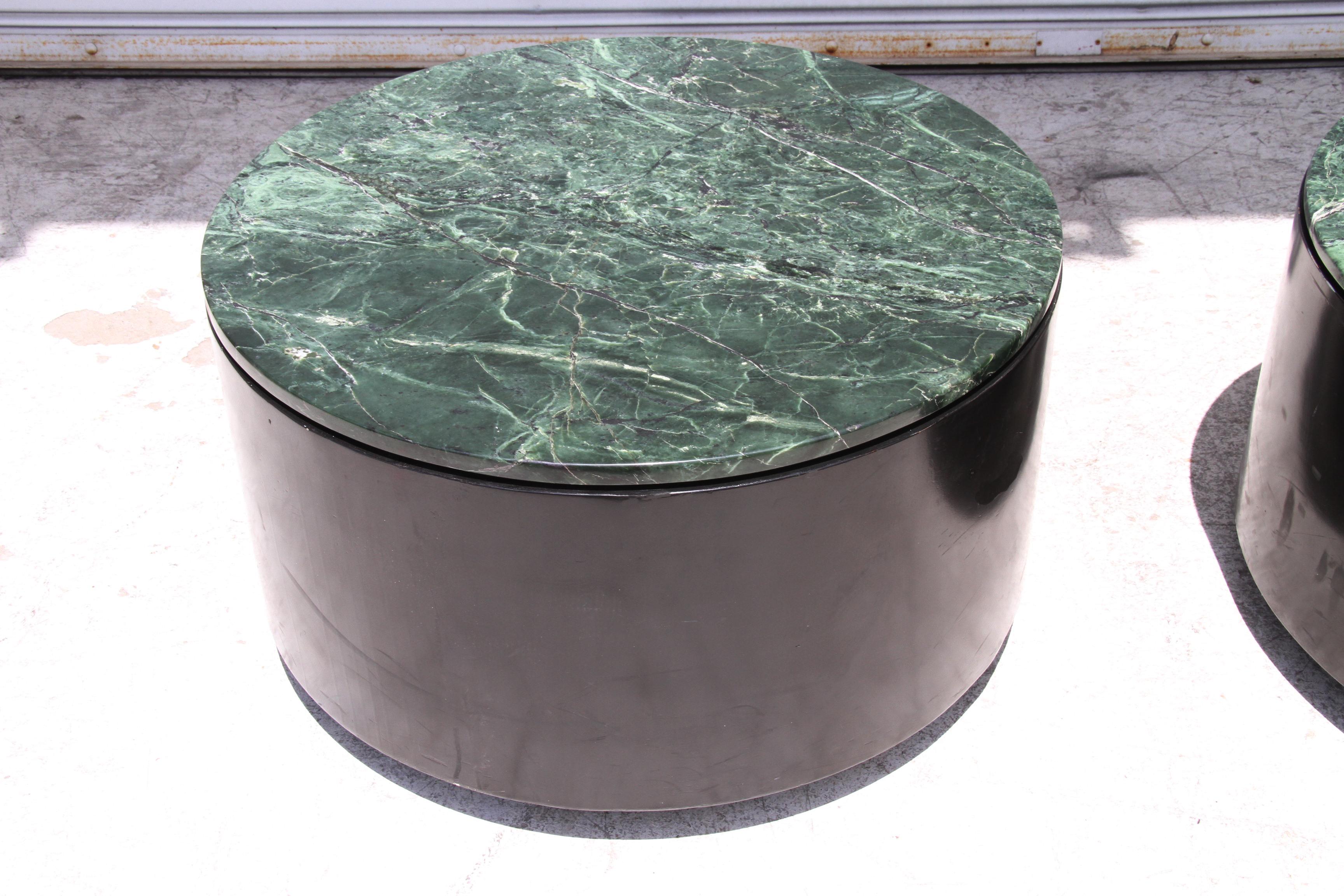 North American One Mid-Century Modern Paul Mayen Style Green Marble Top Drum Side Table   For Sale