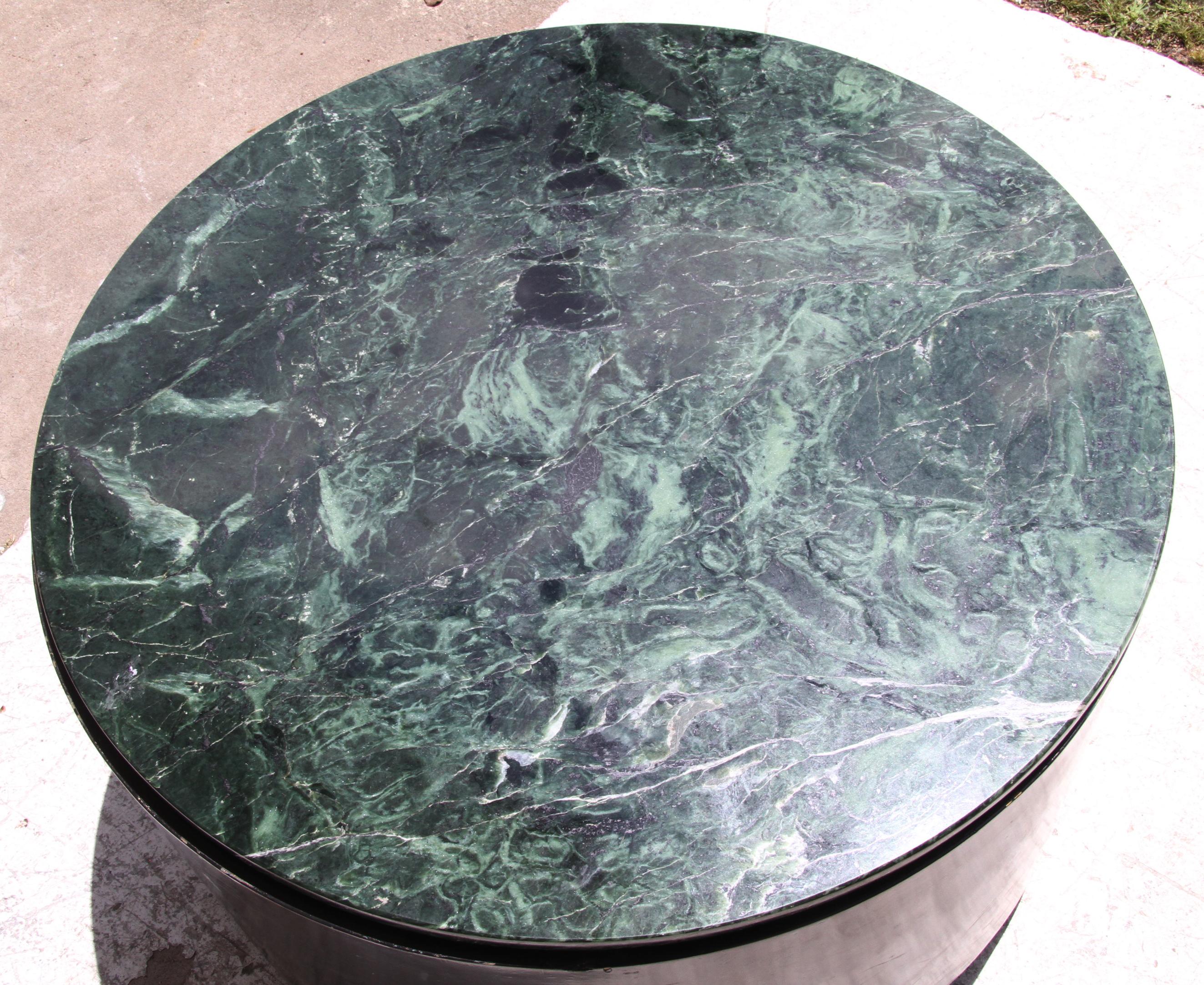 One Mid-Century Modern Paul Mayen Style Green Marble Top Drum Side Table   For Sale 2