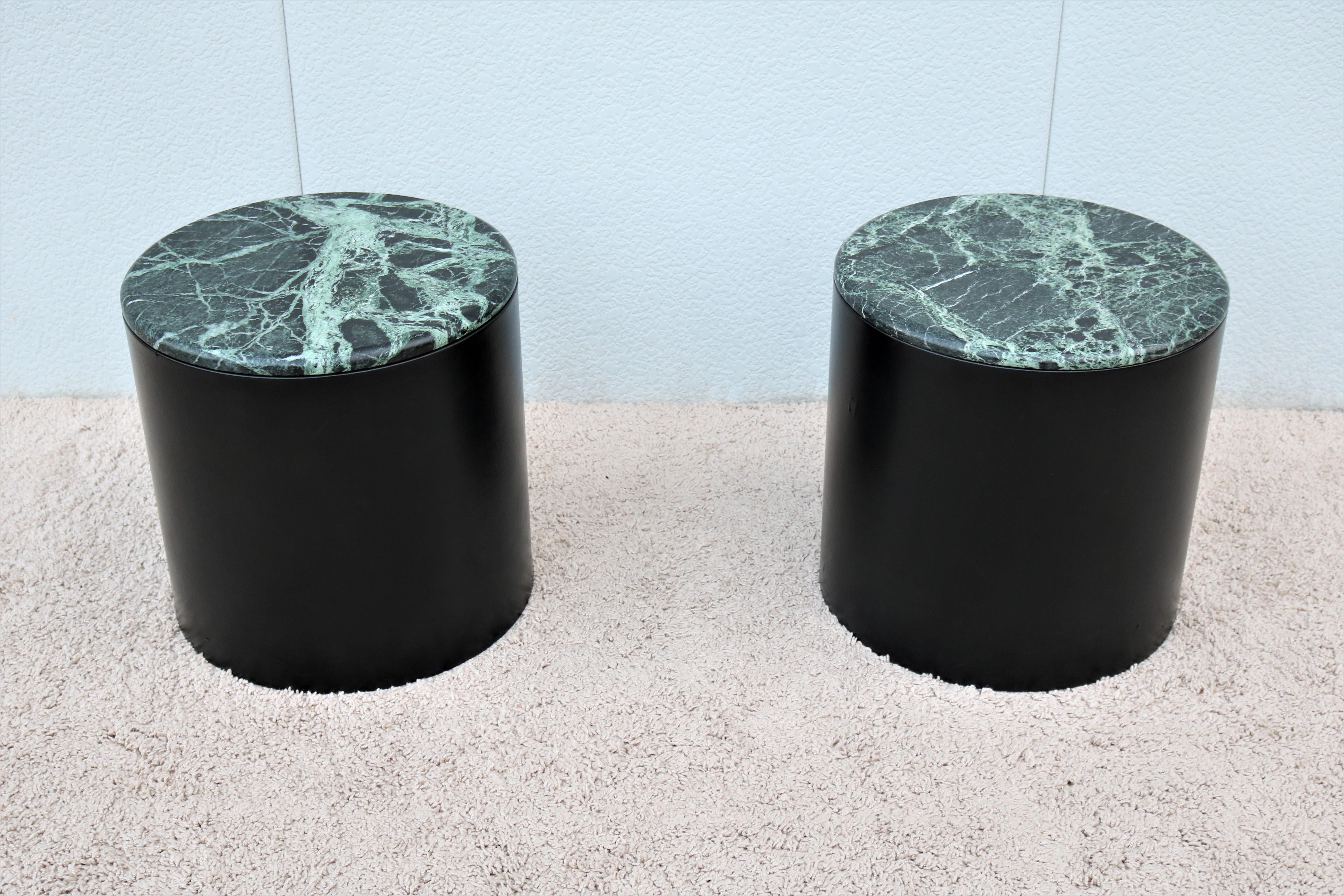Stunning vintage Paul Mayen style pair of marble top cylinder drum side or end tables.
Classic American Mid-Century Modern designed in 1970 and remains a current timeless and elegant design today. 
Drum tables address a number of functional