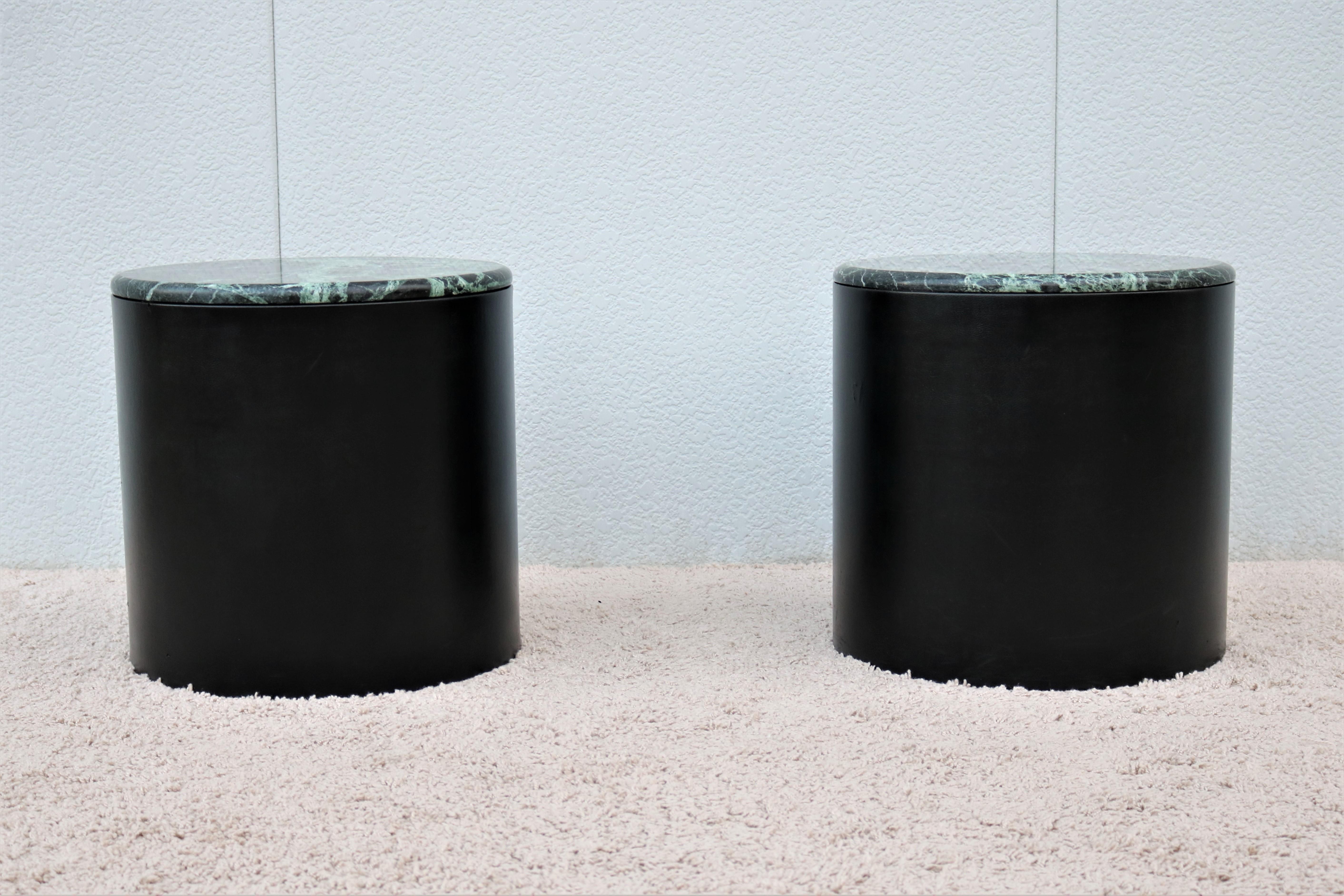 American Mid-Century Modern Paul Mayen Style Green Marble Top Drum Side Tables, a Pair For Sale