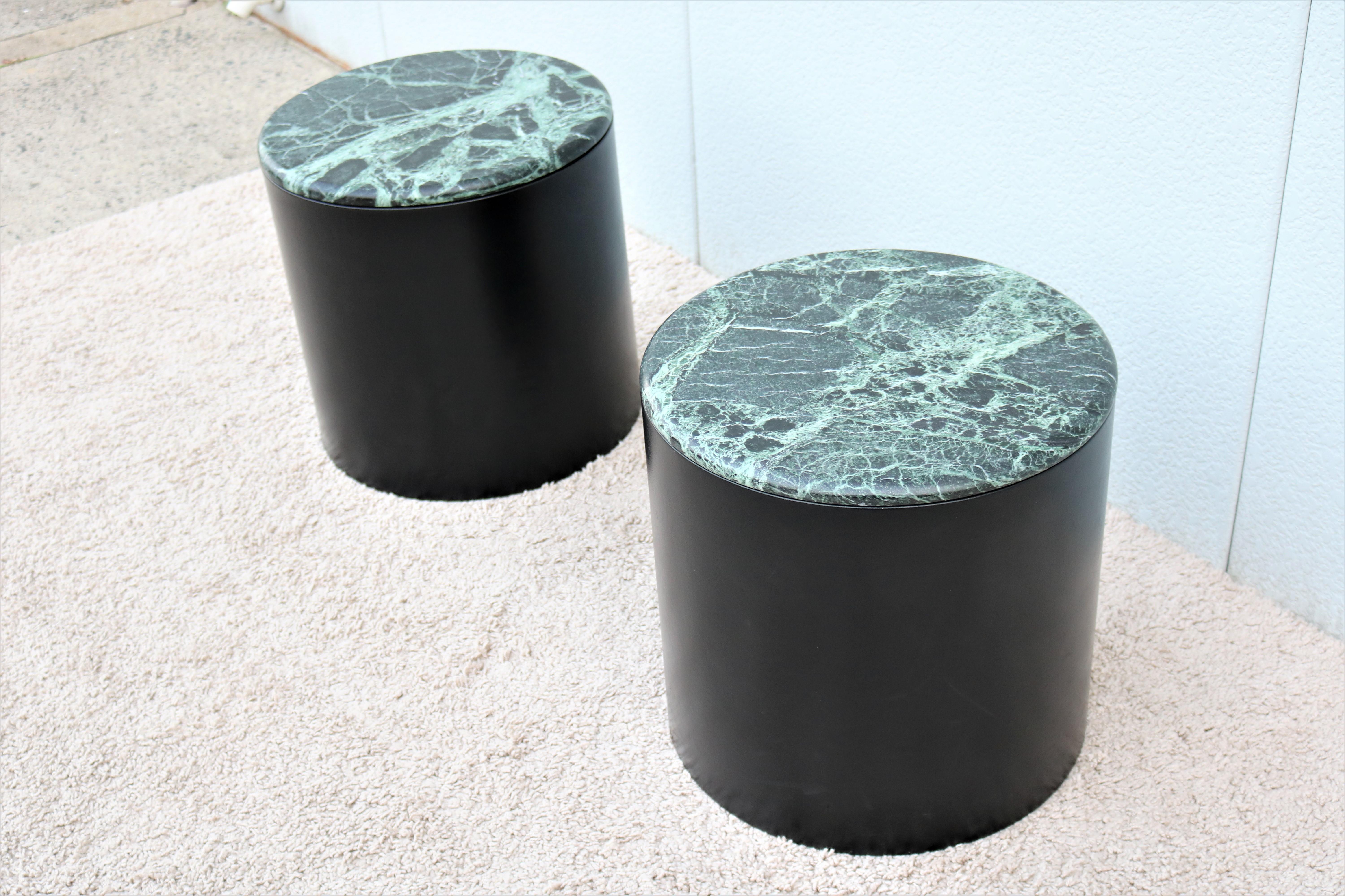 Beveled Mid-Century Modern Paul Mayen Style Green Marble Top Drum Side Tables, a Pair For Sale
