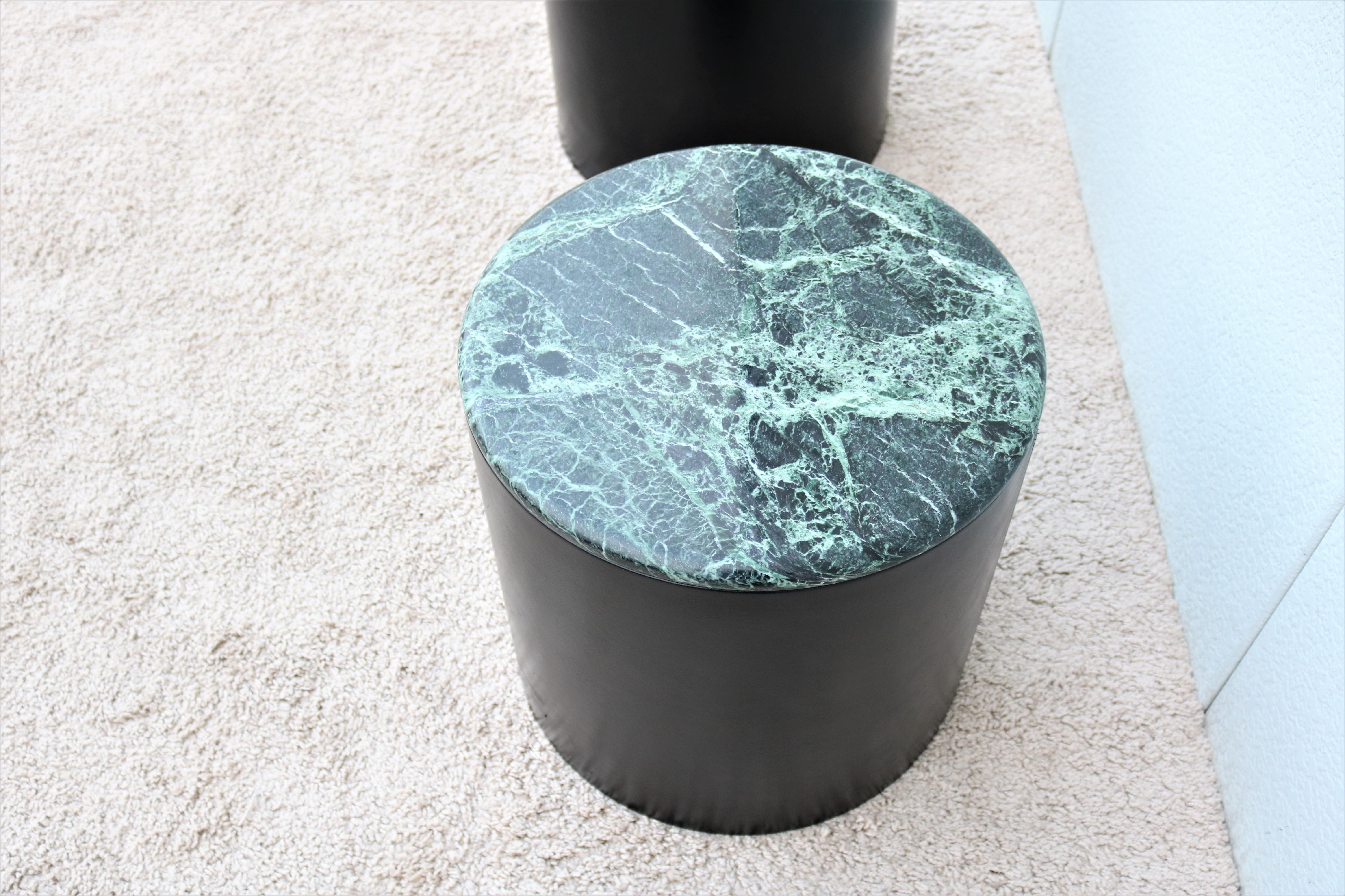 Naugahyde Mid-Century Modern Paul Mayen Style Green Marble Top Drum Side Tables, a Pair For Sale
