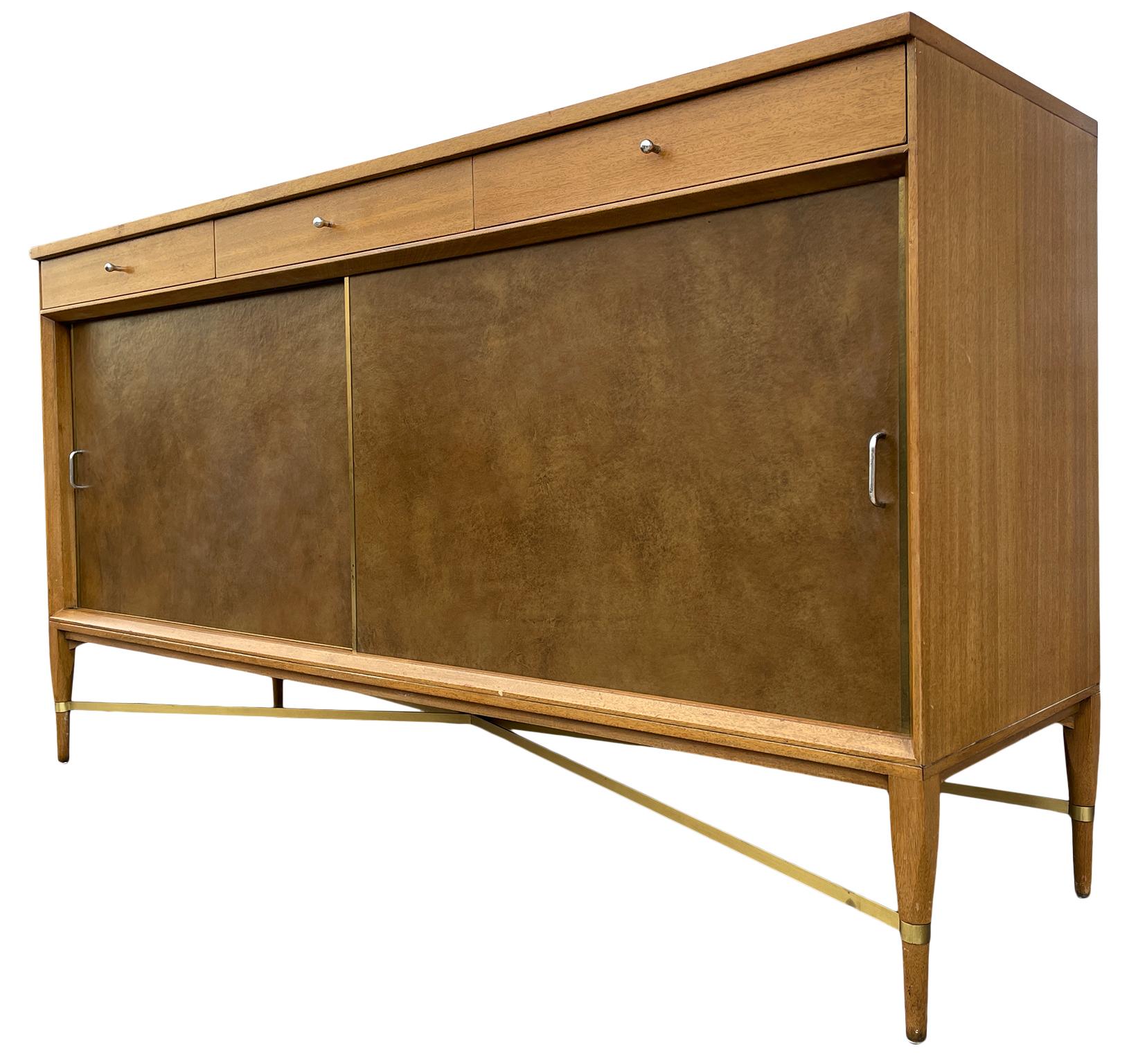 American Mid-Century Modern Paul McCobb Leather Sliding Door Credenza for Calvin Group For Sale