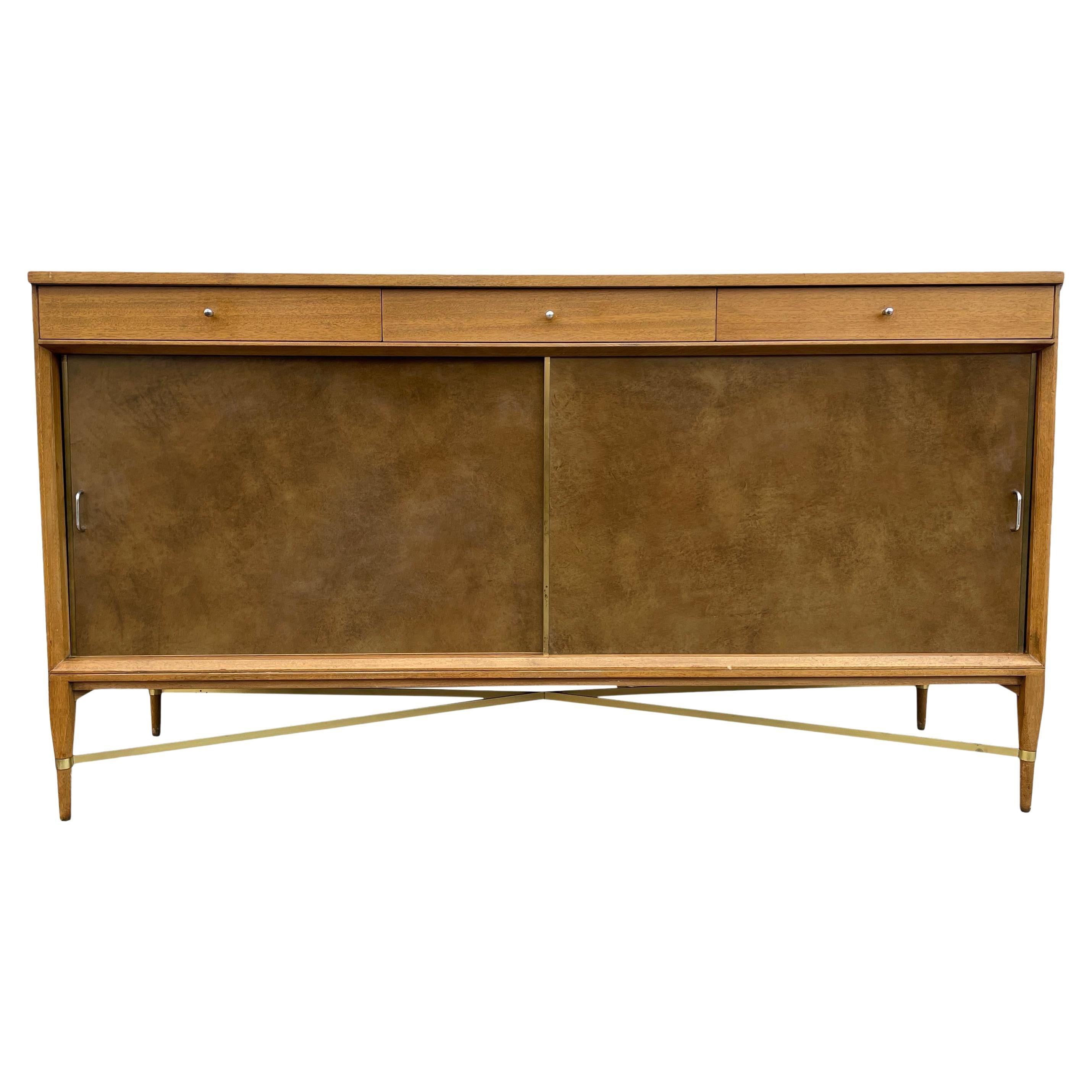 Mid-Century Modern Paul McCobb Leather Sliding Door Credenza for Calvin Group