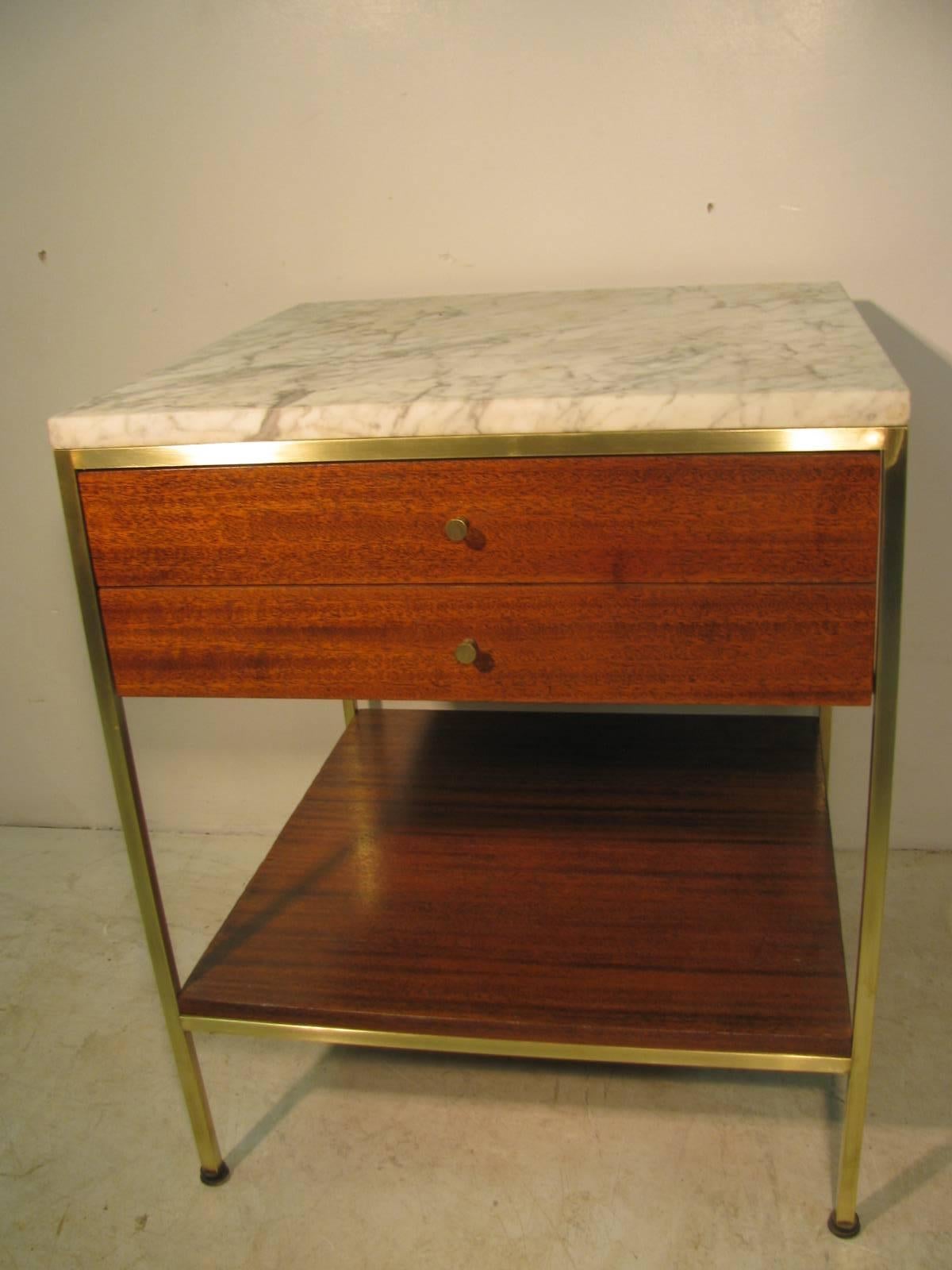 American Mid-Century Modern Paul McCobb Marble and Brass Mahogany Night Table for Calvin