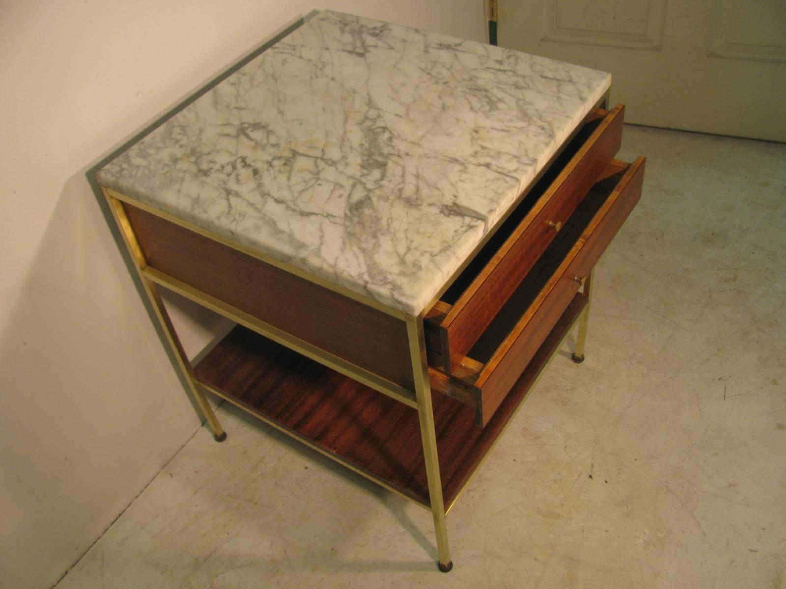 Mid-Century Modern Paul McCobb Marble and Brass Mahogany Night Table for Calvin In Good Condition In Port Jervis, NY