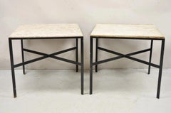 Mid Century Modern Paul McCobb Style Wrought Iron Marble Square Side Table Pair