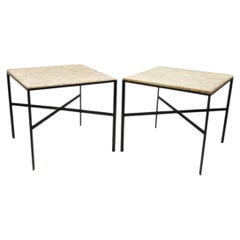 Mid Century Modern Paul McCobb Style Wrought Iron Marble Square Side Table Pair