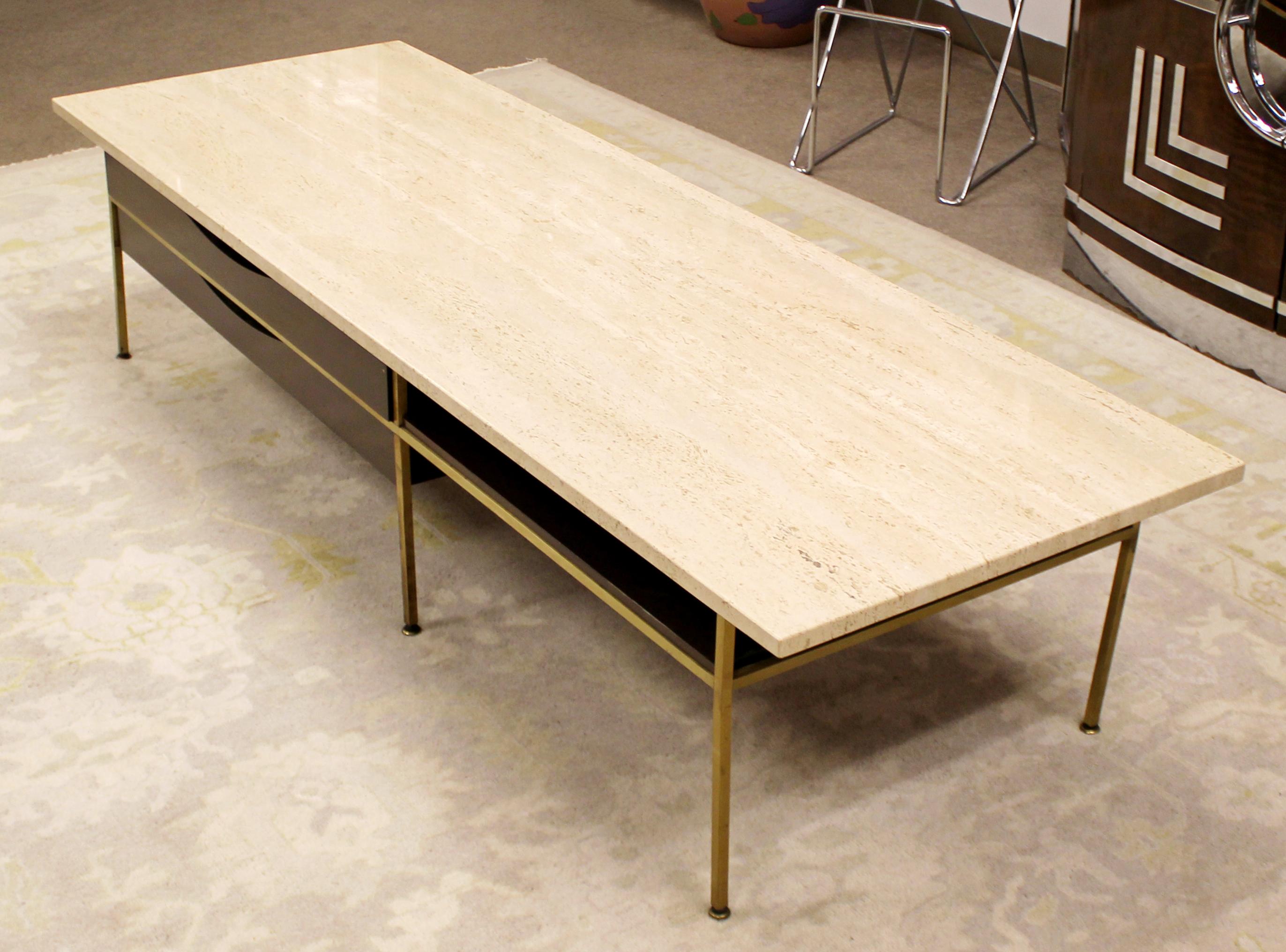 Mid-Century Modern Paul McCobb Travertine Brass Wood Coffee Table 1960s 2 Drawer In Good Condition In Keego Harbor, MI