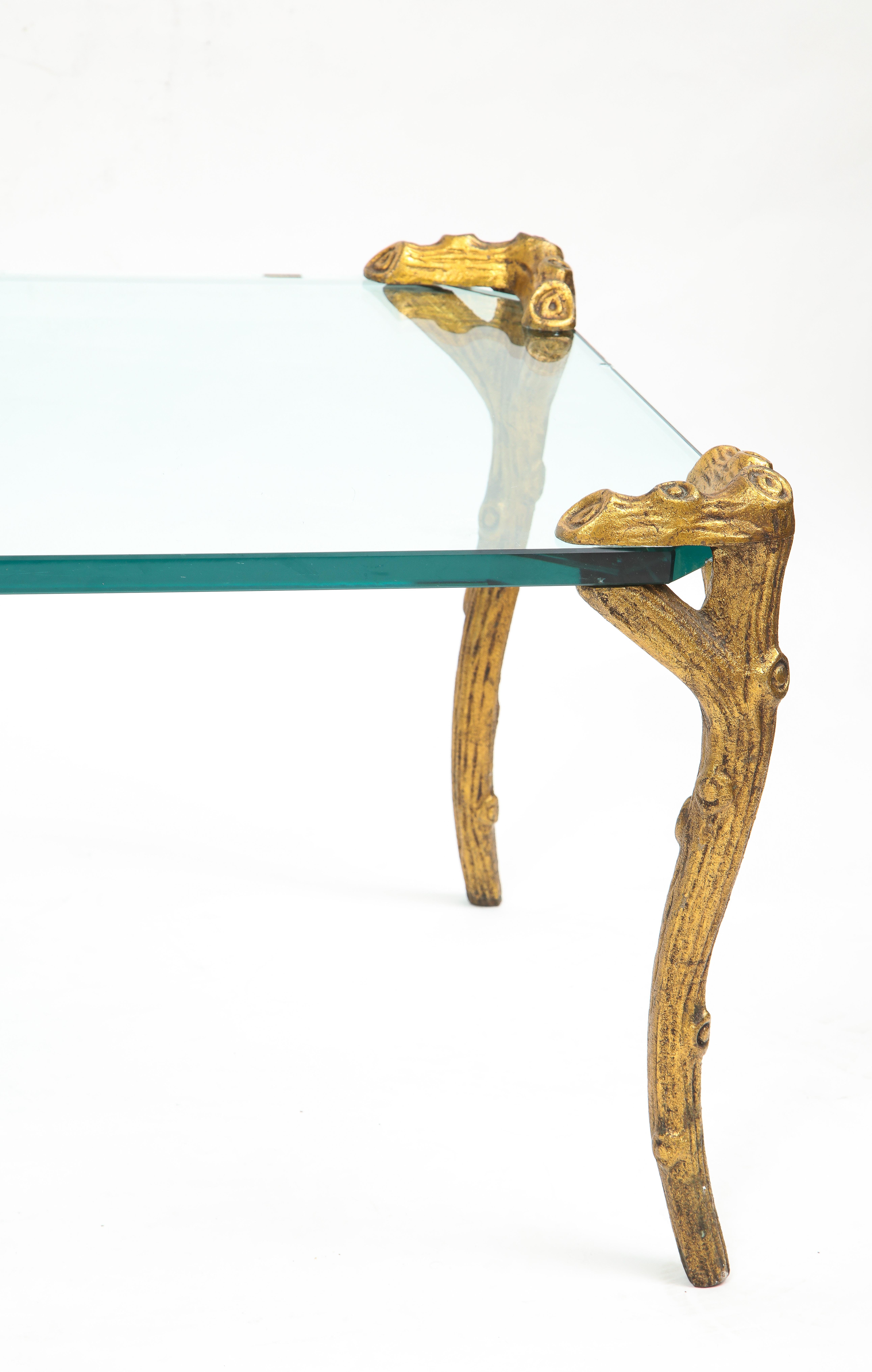 French Mid-Century Modern P.E. Guerin Faux Bois Gilt Bronze Table w/ Stretcher For Sale