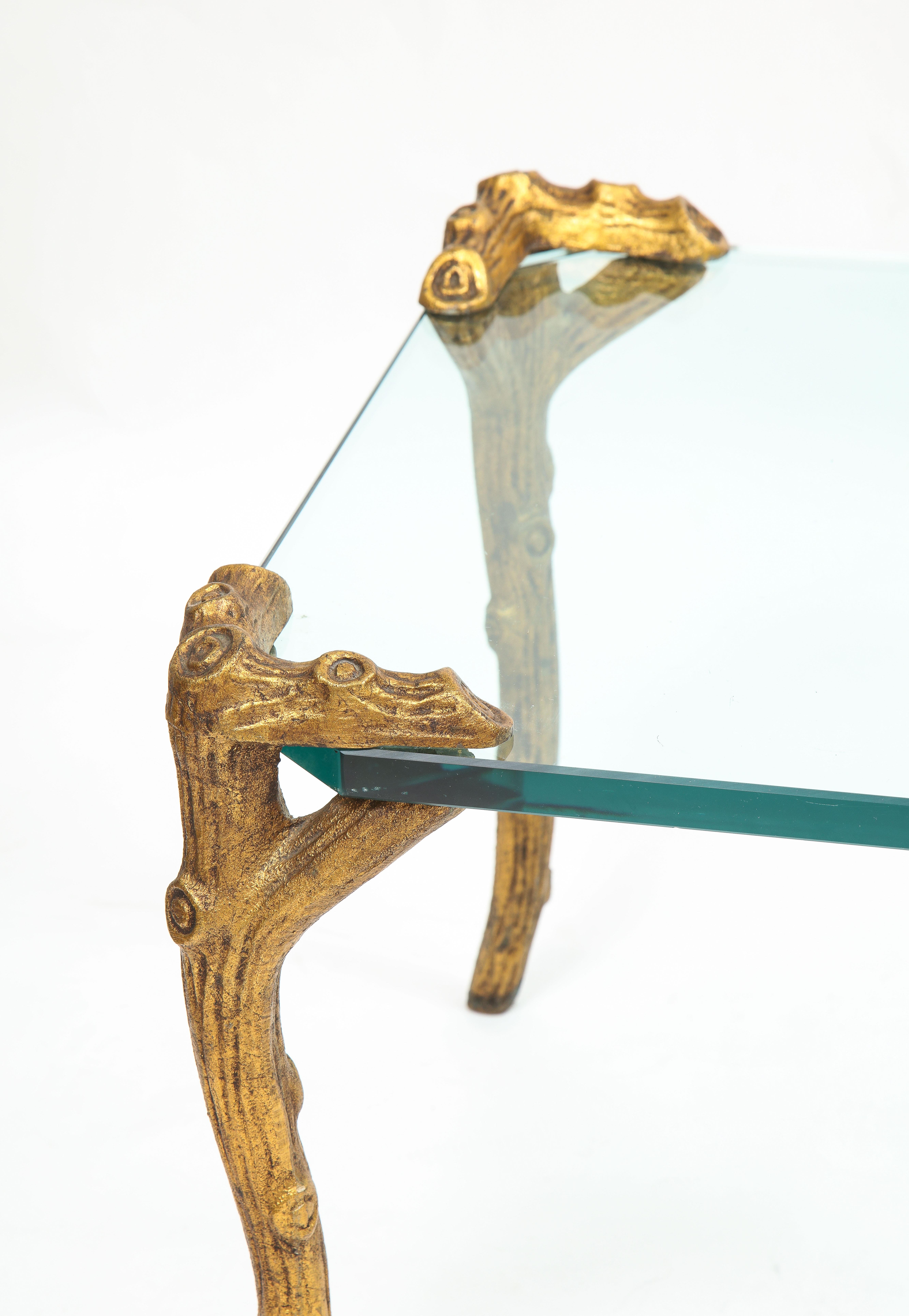 Hand-Carved Mid-Century Modern P.E. Guerin Faux Bois Gilt Bronze Table w/ Stretcher For Sale