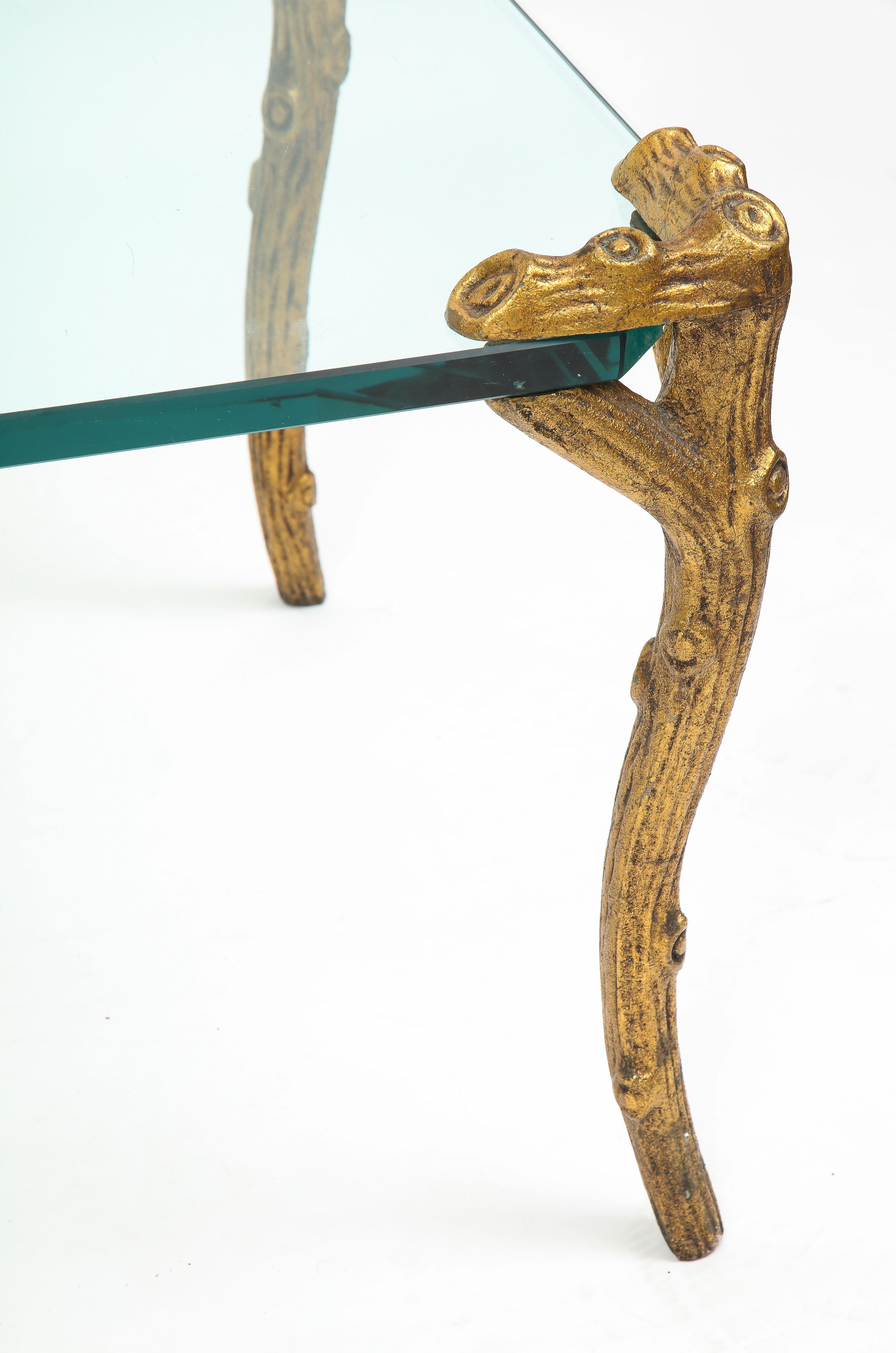 Mid-Century Modern P.E. Guerin Faux Bois Gilt Bronze Table w/ Stretcher In Good Condition For Sale In New York, NY