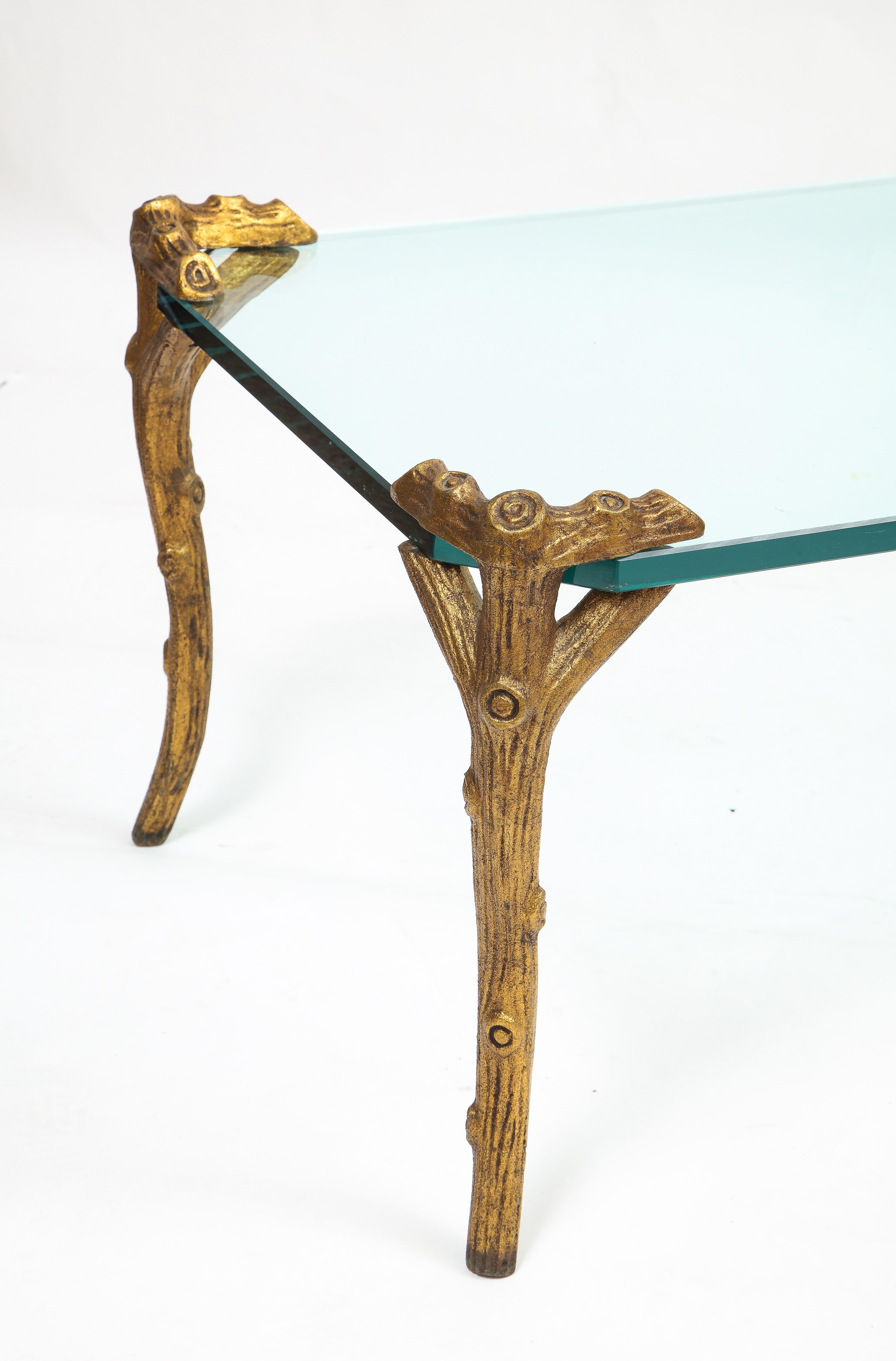 20th Century Mid-Century Modern P.E. Guerin Faux Bois Gilt Bronze Table w/ Stretcher For Sale