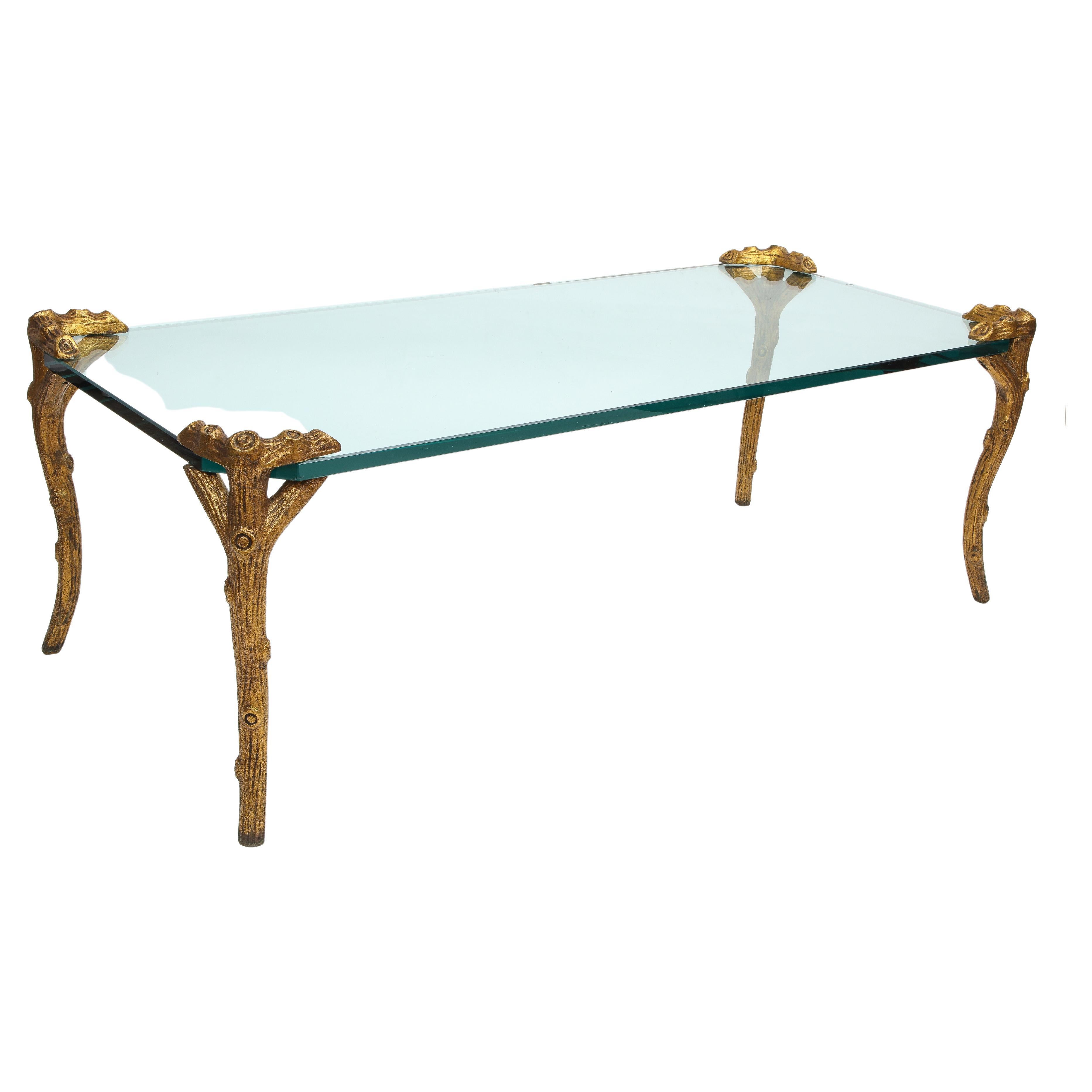 Mid-Century Modern P.E. Guerin Faux Bois Gilt Bronze Table w/ Stretcher For Sale