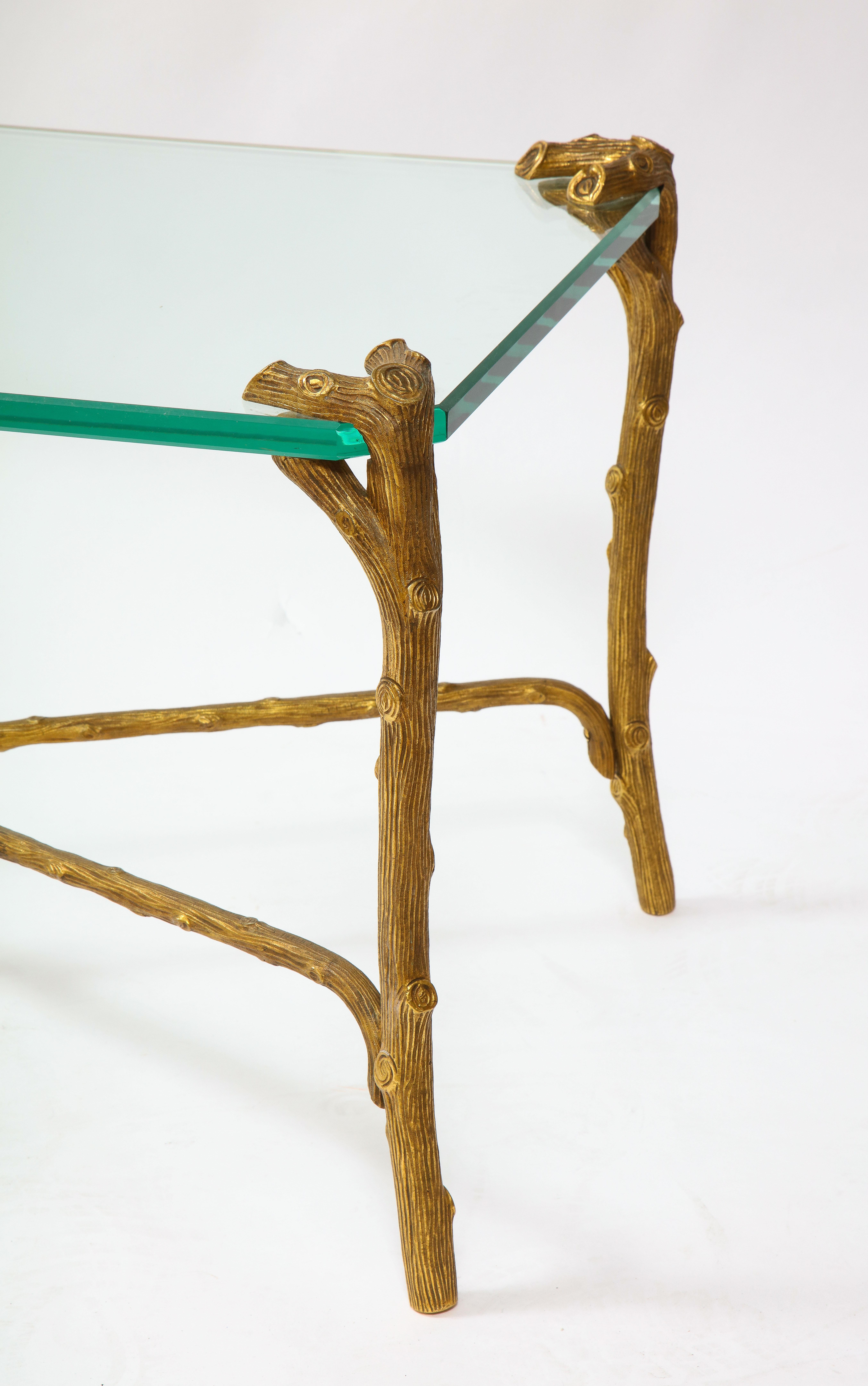 Mid-Century Modern P.E. Guerin Faux Bois Gilt Bronze Table w/ Stretcher, Signed 3