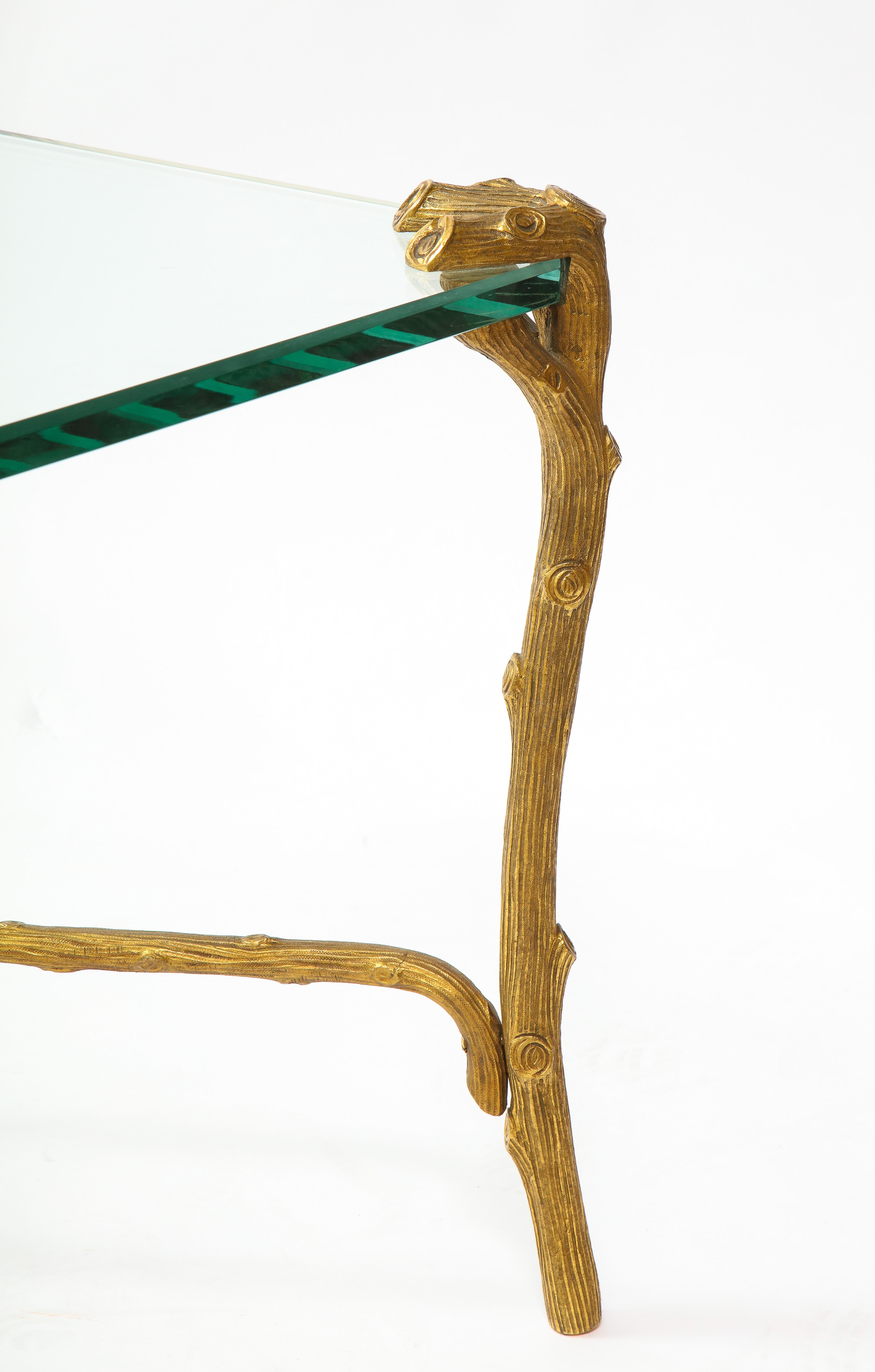 Mid-Century Modern P.E. Guerin Faux Bois Gilt Bronze Table w/ Stretcher, Signed 4